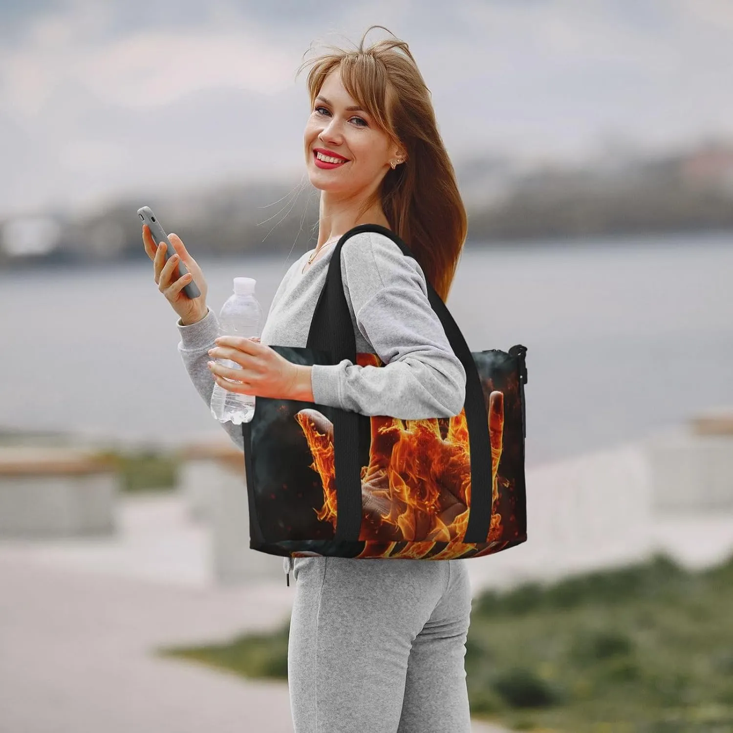 Gym Bag Fire Flame Hand Duffel Bag for Men Women Travel Overnight Bag with Shoe Compartment Workout Bags