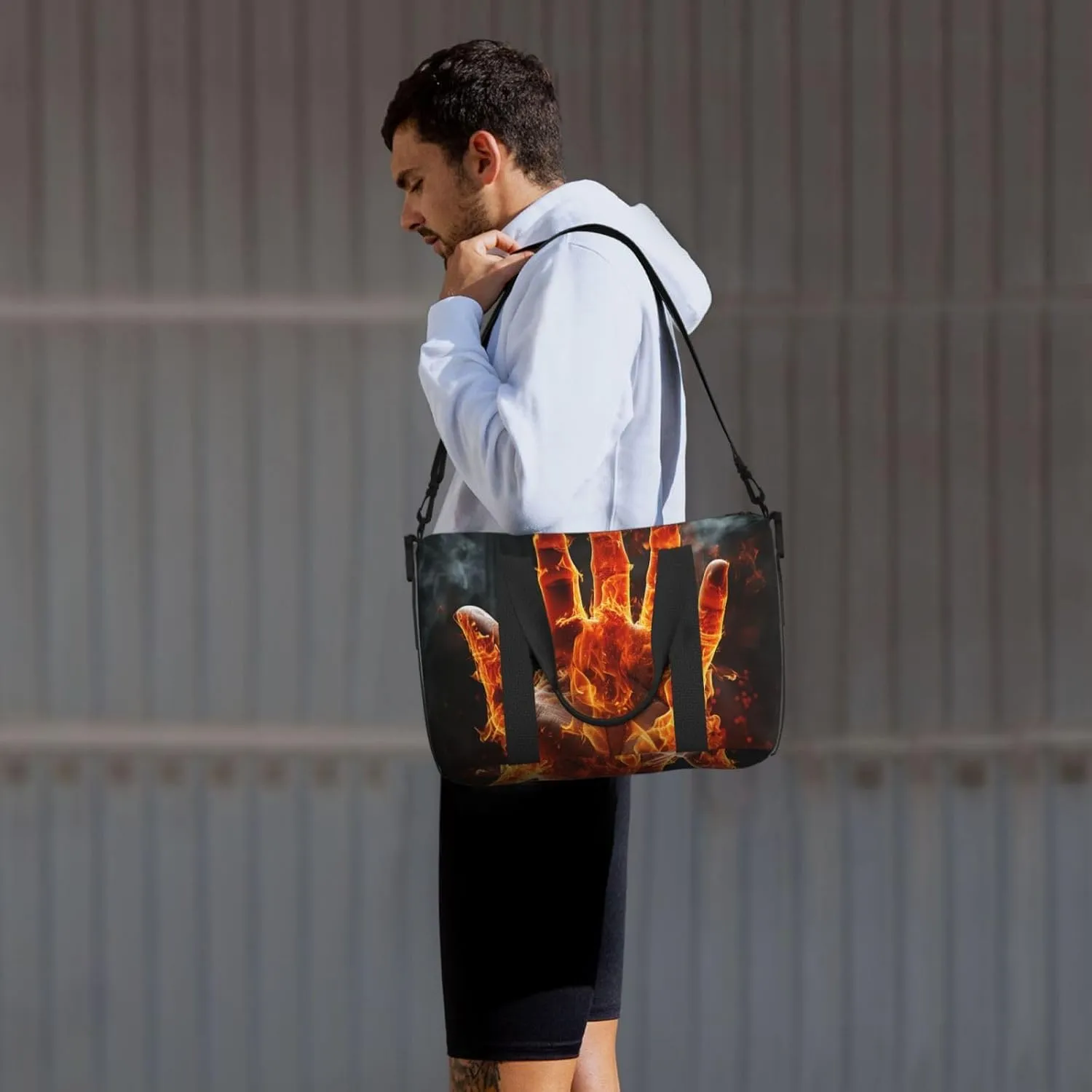 Gym Bag Fire Flame Hand Duffel Bag for Men Women Travel Overnight Bag with Shoe Compartment Workout Bags