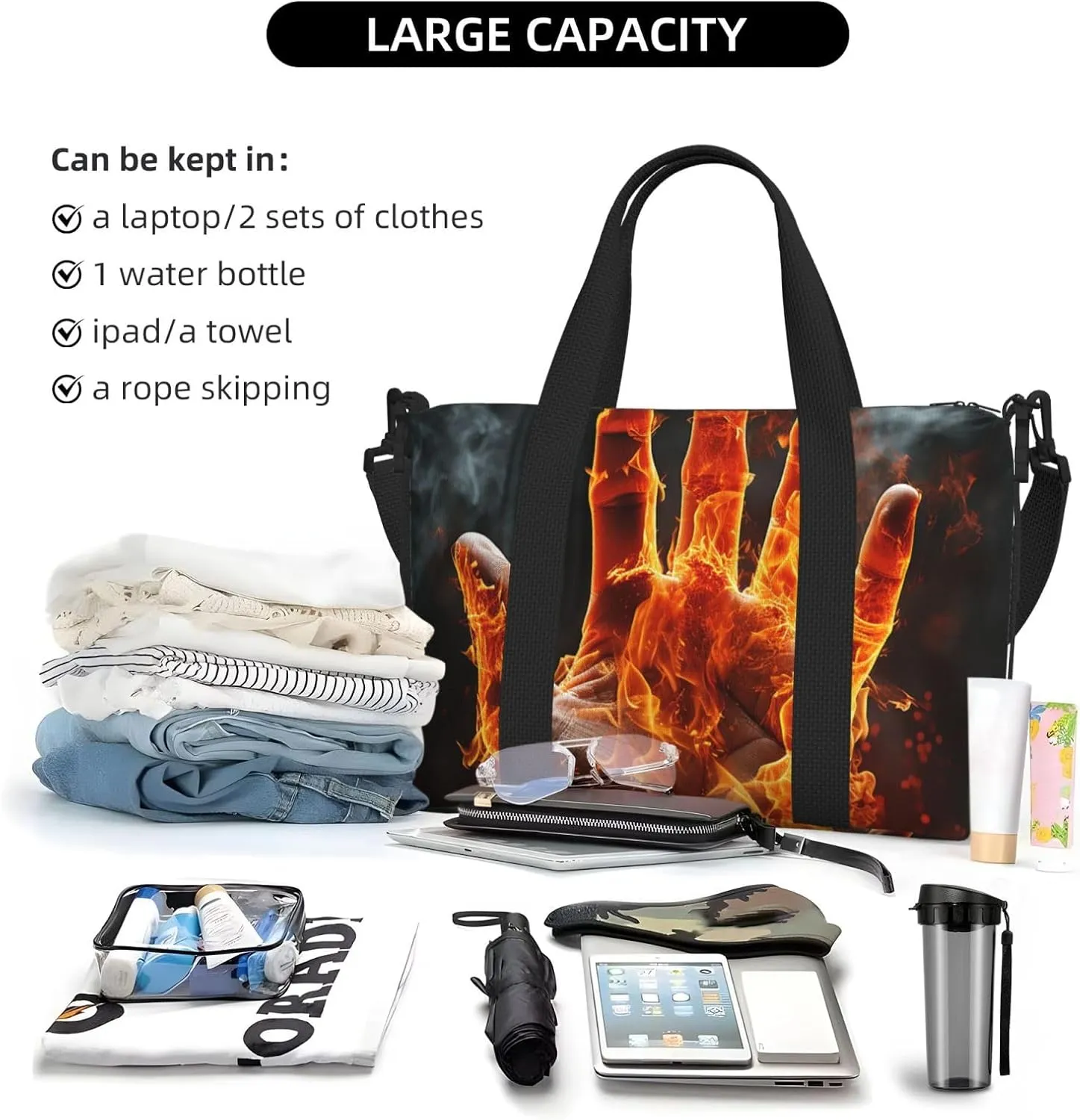 Gym Bag Fire Flame Hand Duffel Bag for Men Women Travel Overnight Bag with Shoe Compartment Workout Bags