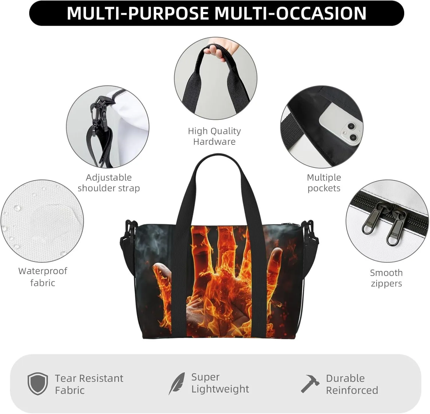 Gym Bag Fire Flame Hand Duffel Bag for Men Women Travel Overnight Bag with Shoe Compartment Workout Bags