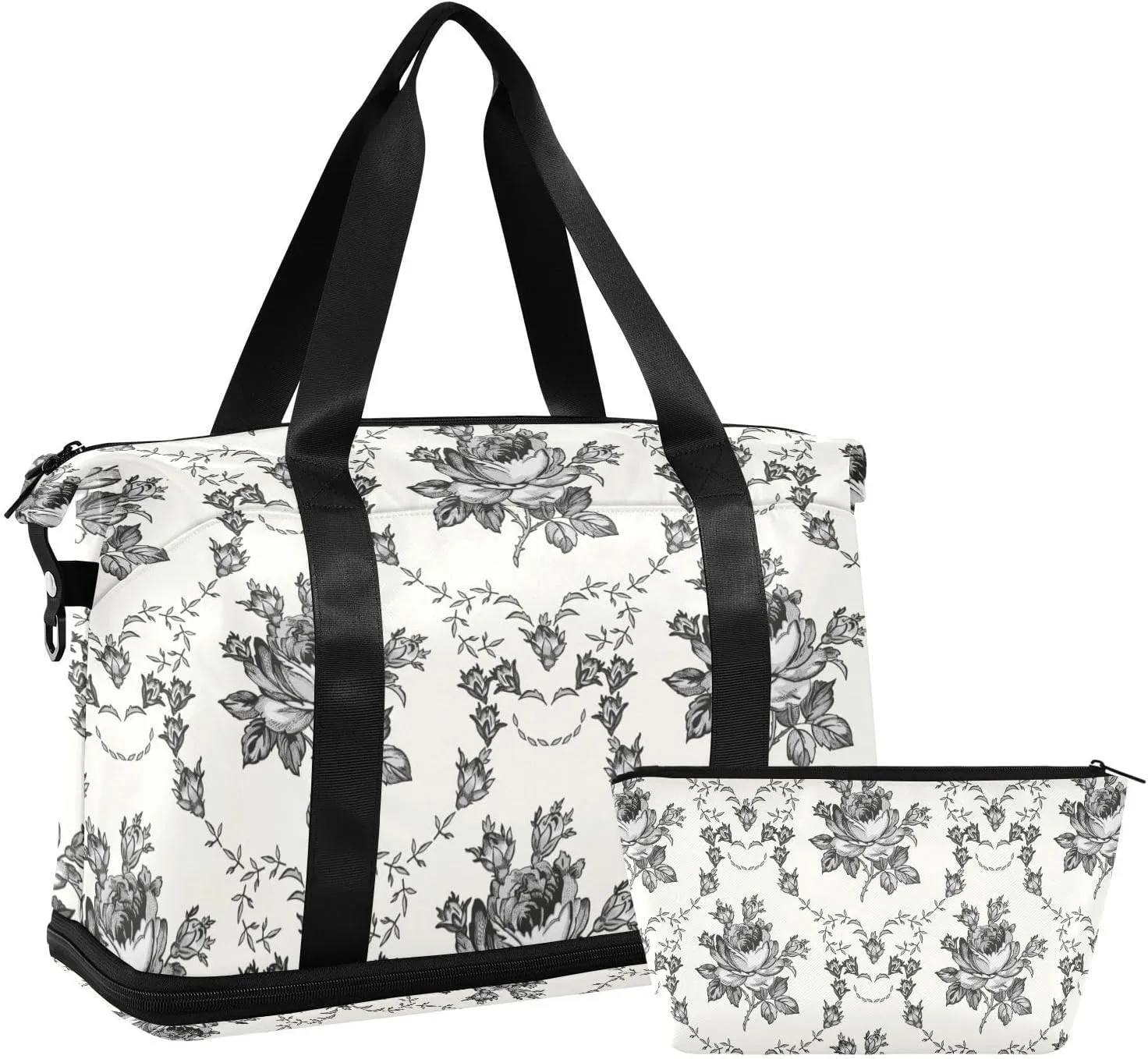 Gym Bag for Women Duffel Bags for Traveling Sports Bag with Shoe Compartment Dual Handles Removable Strap Multi Pockets Large Capacity Fashionable Black Flower
