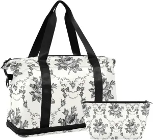 Gym Bag for Women Duffel Bags for Traveling Sports Bag with Shoe Compartment Dual Handles Removable Strap Multi Pockets Large Capacity Fashionable Black Flower