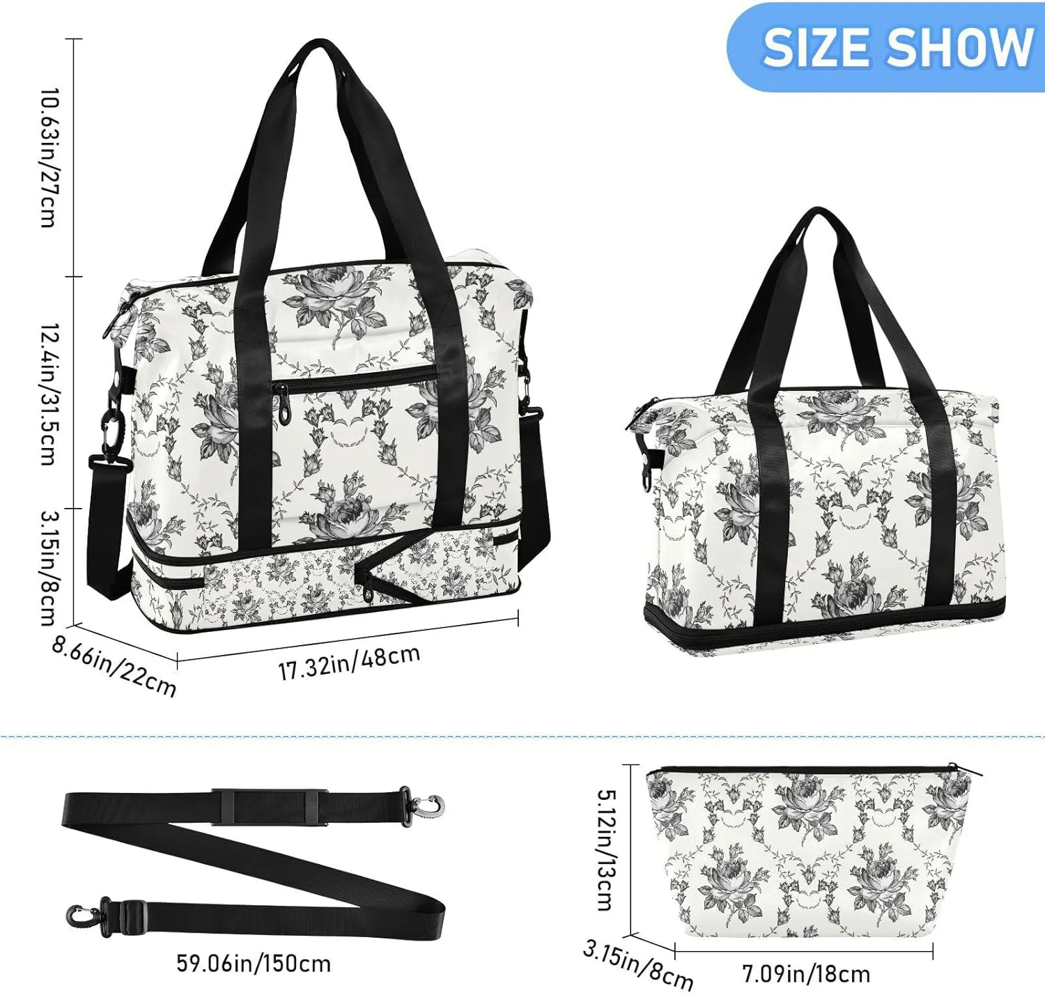 Gym Bag for Women Duffel Bags for Traveling Sports Bag with Shoe Compartment Dual Handles Removable Strap Multi Pockets Large Capacity Fashionable Black Flower