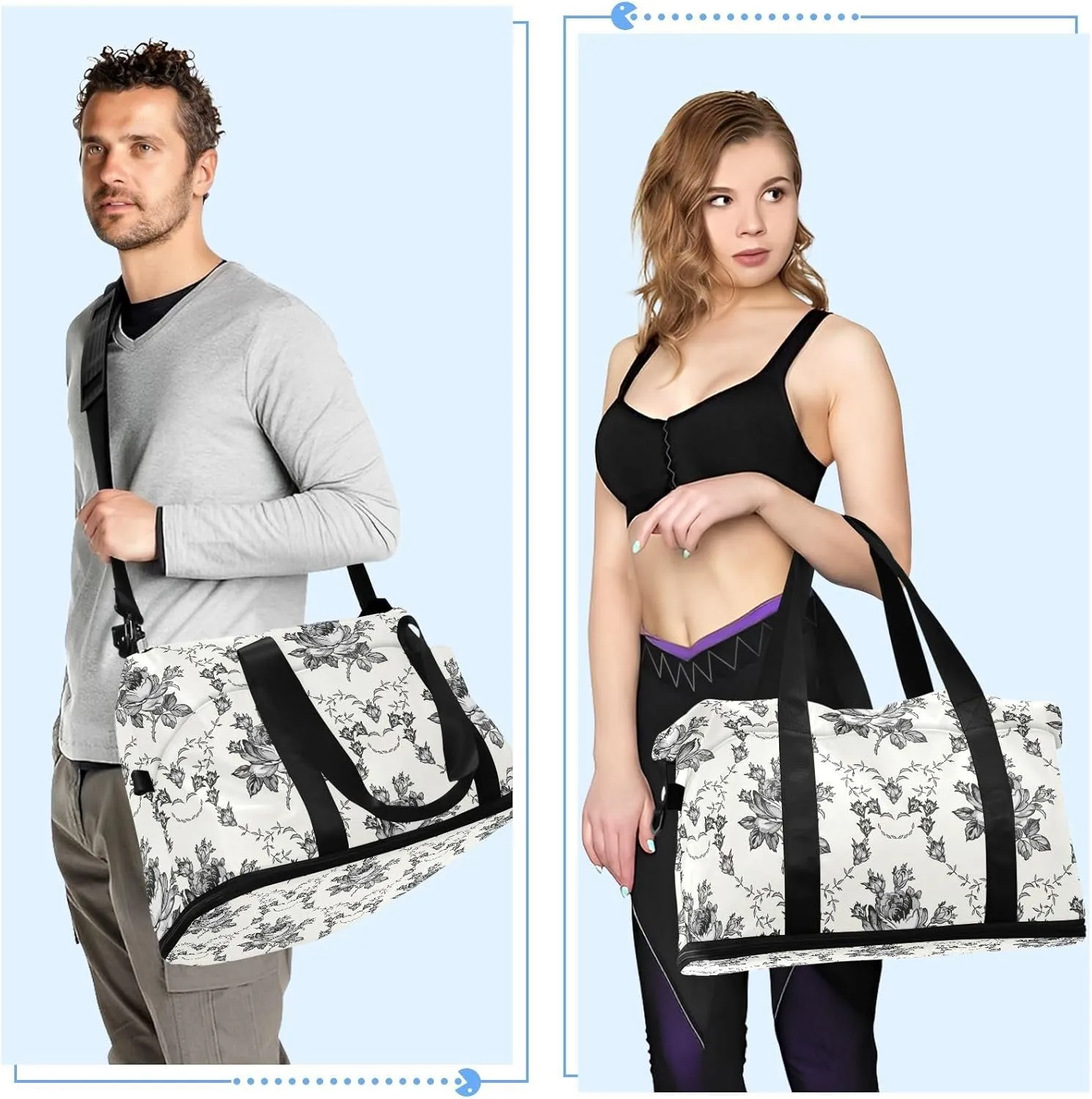 Gym Bag for Women Duffel Bags for Traveling Sports Bag with Shoe Compartment Dual Handles Removable Strap Multi Pockets Large Capacity Fashionable Black Flower