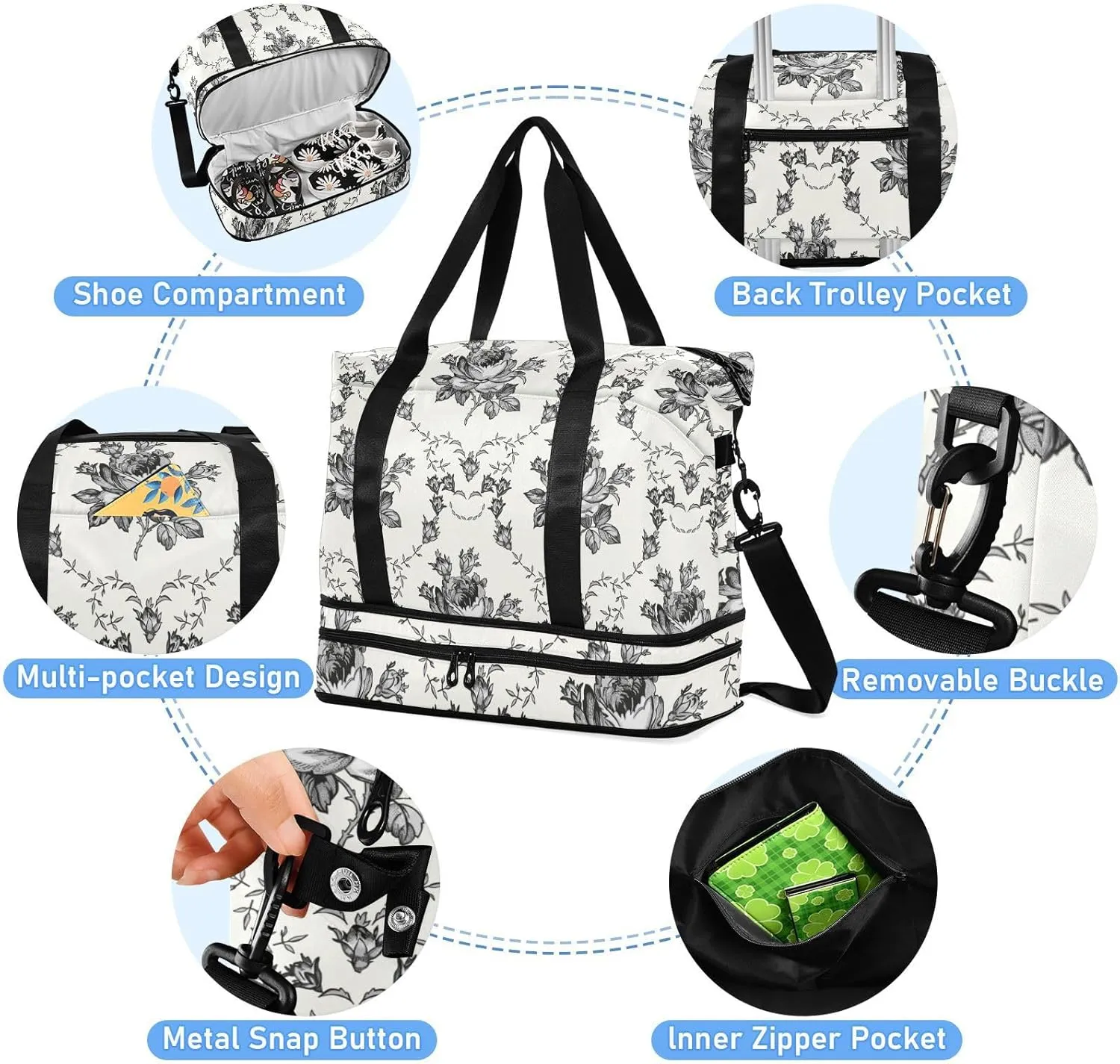 Gym Bag for Women Duffel Bags for Traveling Sports Bag with Shoe Compartment Dual Handles Removable Strap Multi Pockets Large Capacity Fashionable Black Flower