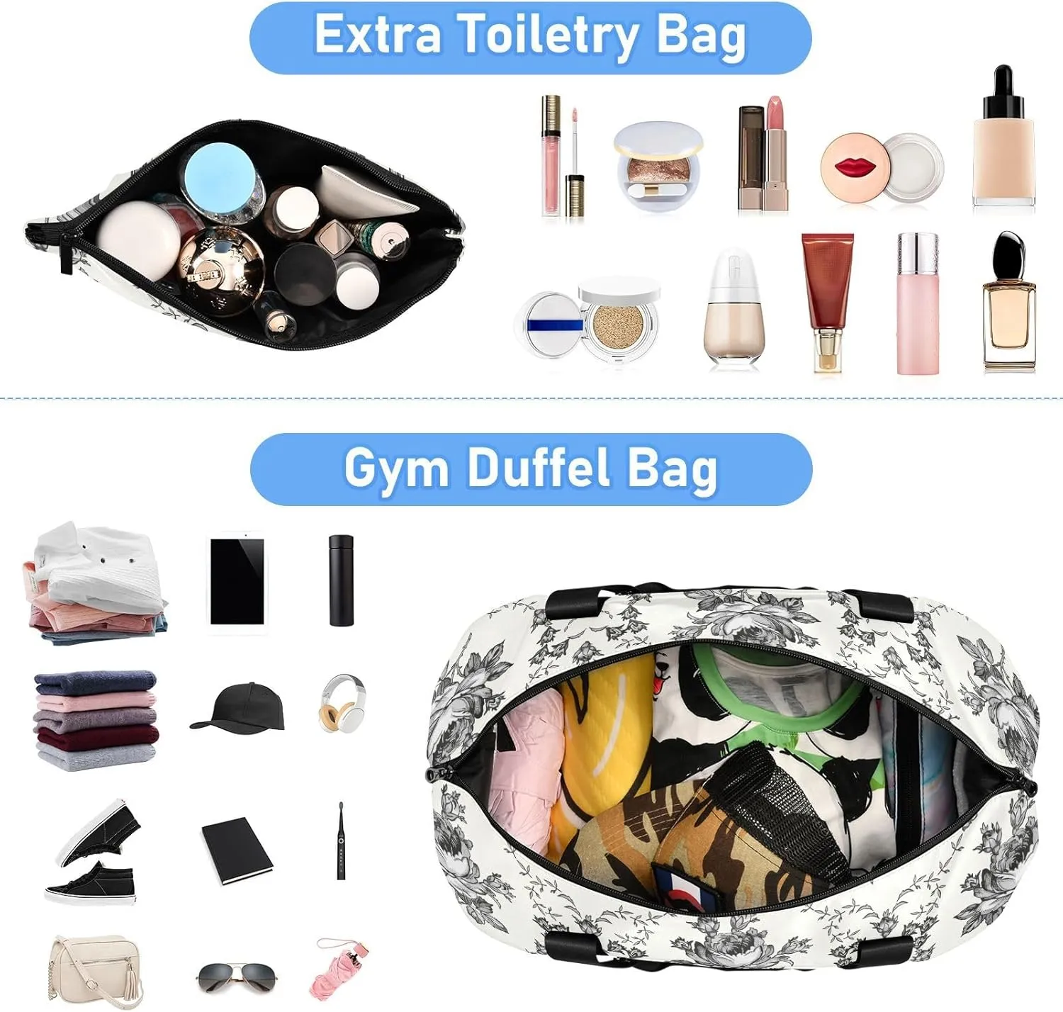 Gym Bag for Women Duffel Bags for Traveling Sports Bag with Shoe Compartment Dual Handles Removable Strap Multi Pockets Large Capacity Fashionable Black Flower