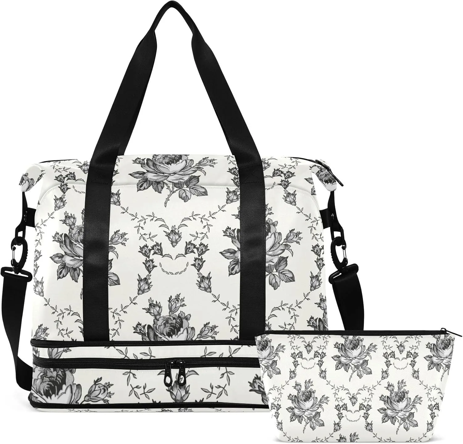 Gym Bag for Women Duffel Bags for Traveling Sports Bag with Shoe Compartment Dual Handles Removable Strap Multi Pockets Large Capacity Fashionable Black Flower