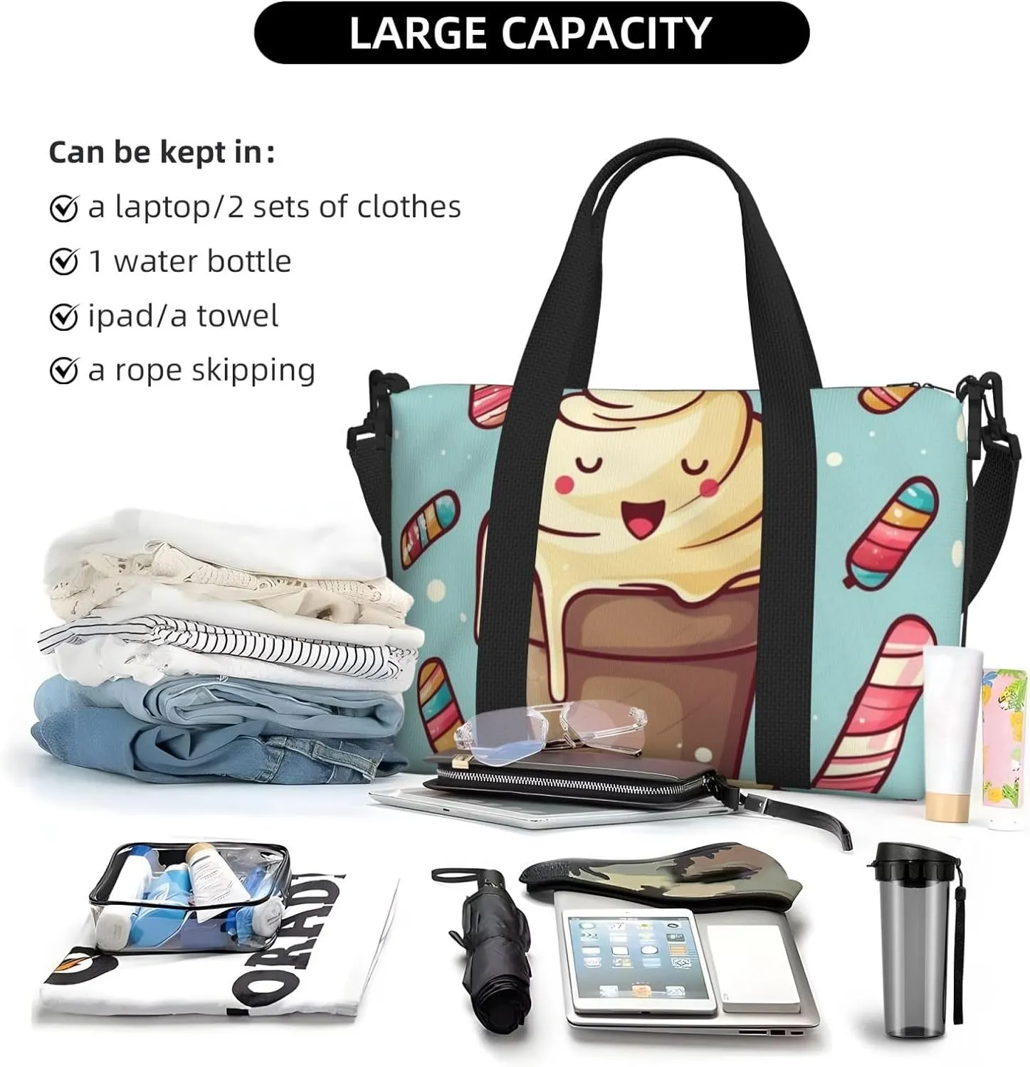 Gym Bag Ice Cream Duffel Bag for Men Women Travel Overnight Bag with Shoe Compartment Workout Bags