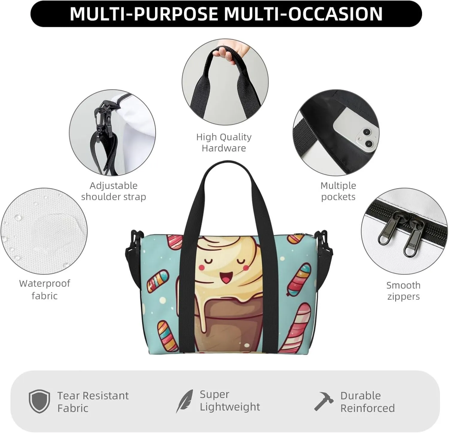 Gym Bag Ice Cream Duffel Bag for Men Women Travel Overnight Bag with Shoe Compartment Workout Bags