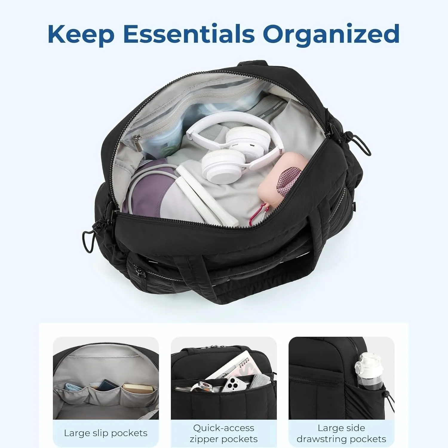 Gym Bag Water-Resistant, Adjustable Shoulder Luggage Bag with Wet Pocket, Carry On Bag for Women, Large PVC Travel Duffle Bag, High Volume Overnight Duffle Bag Sports Gym (Black-1)