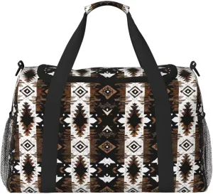 Gym Bag Womens Mens Aztec Boho Western Navajo Travel Duffel Bag Ethnic Vintage Native American Tribal Ethnic Southwest Sport Gym Tote Bags Swimming Yoga Weekend Overnight Carry on Bag, Brown