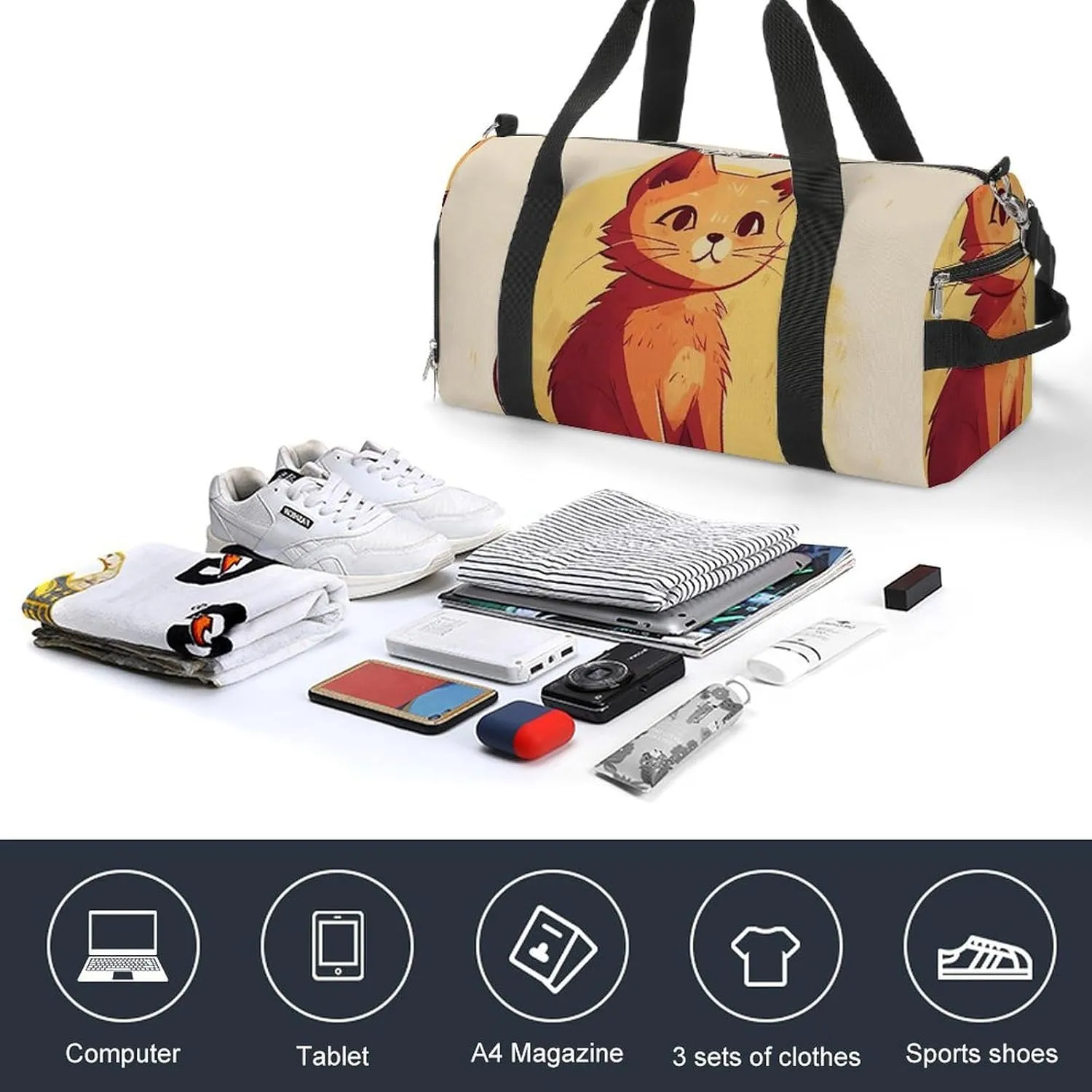 Gym Bags Small Cat Drawing Duffel Bag Overnight Bag with Shoe Compartment Carryon Bag for Men Women