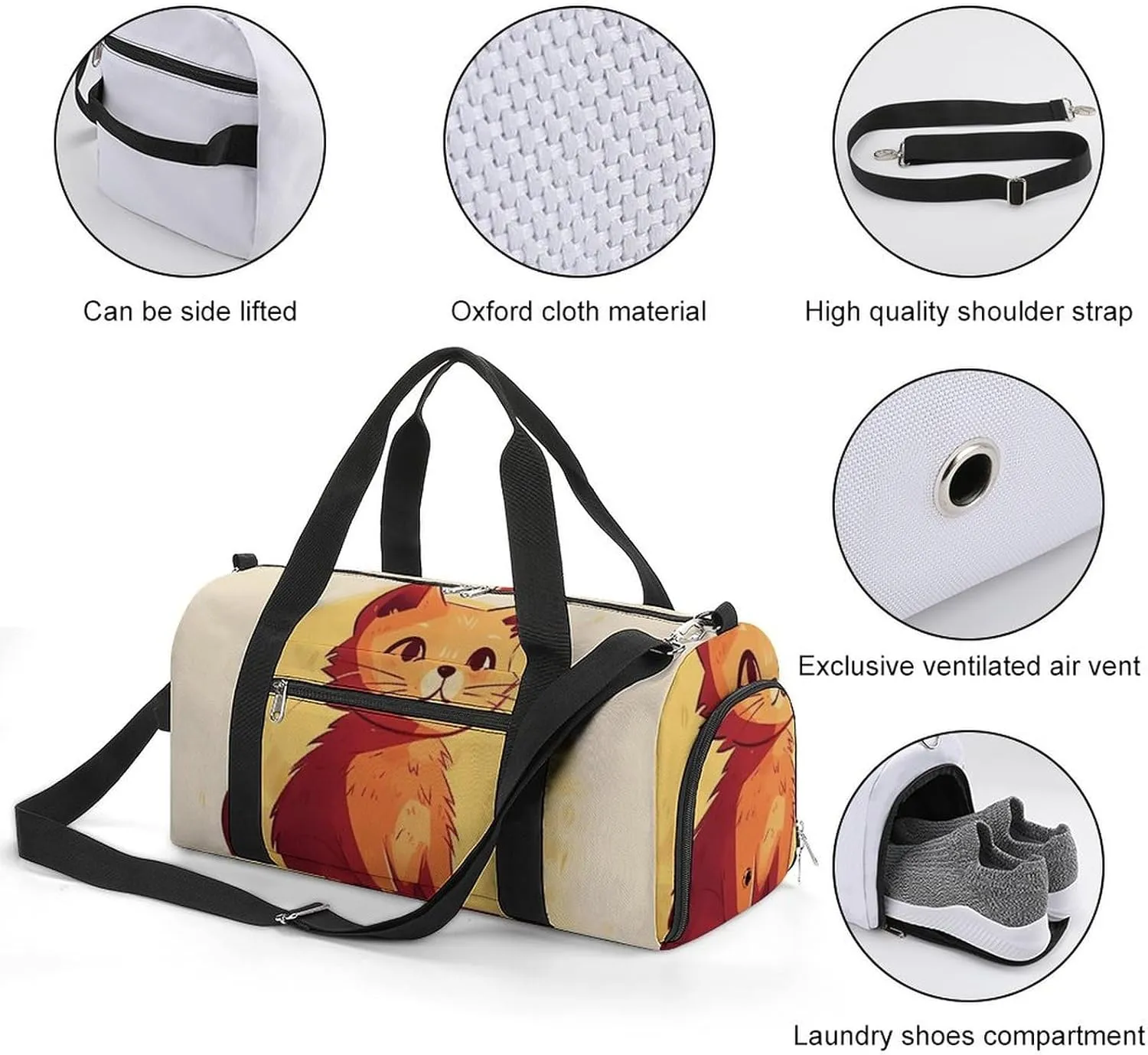 Gym Bags Small Cat Drawing Duffel Bag Overnight Bag with Shoe Compartment Carryon Bag for Men Women