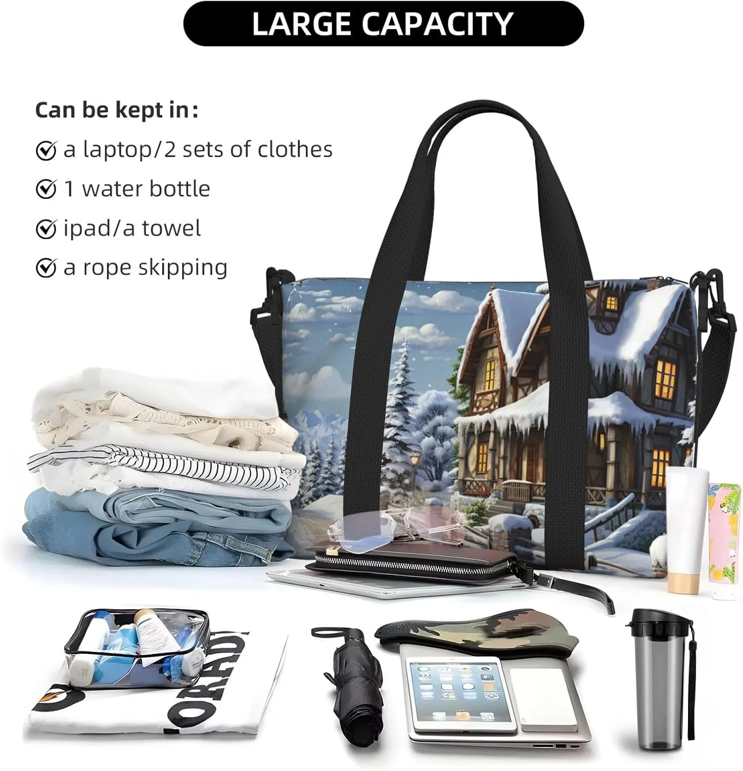 Gym Bags Small Christmas Winter Happy Scene Duffel Bag Overnight Bag with Shoe Compartment Carryon Bag for Men Women