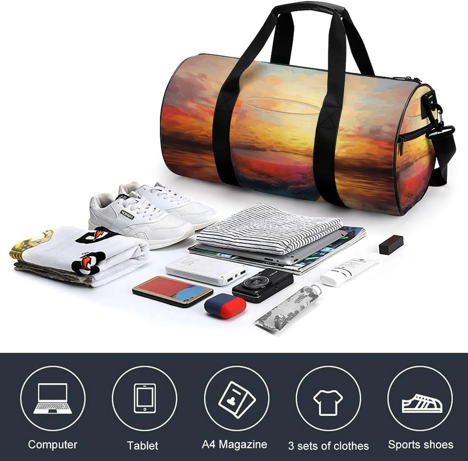 Gym Bags Small Colorful Glass Drink Sunset Duffel Bag Overnight Bag with Shoe Compartment Carryon Bag for Men Women