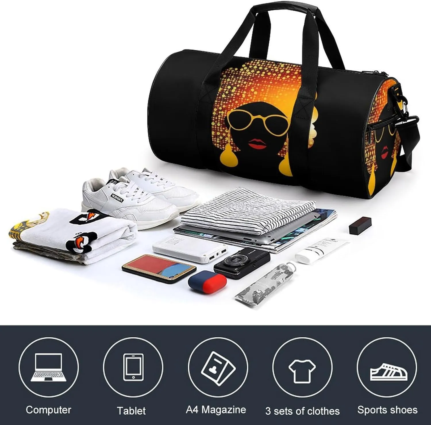 Gym Bags Small Cute African Woman Duffel Bag Overnight Bag with Shoe Compartment Carryon Bag for Men Women