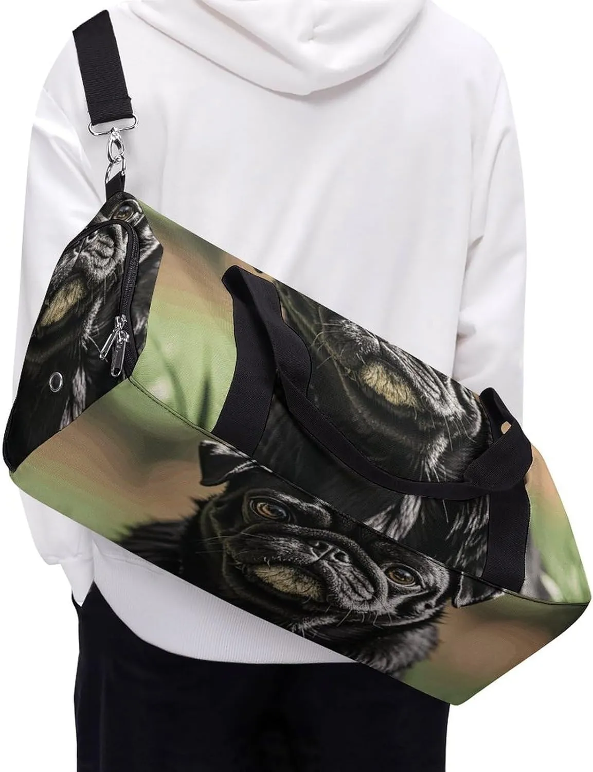 Gym Bags Small Cute Black Pug Dog Duffel Bag Overnight Bag with Shoe Compartment Carryon Bag for Men Women