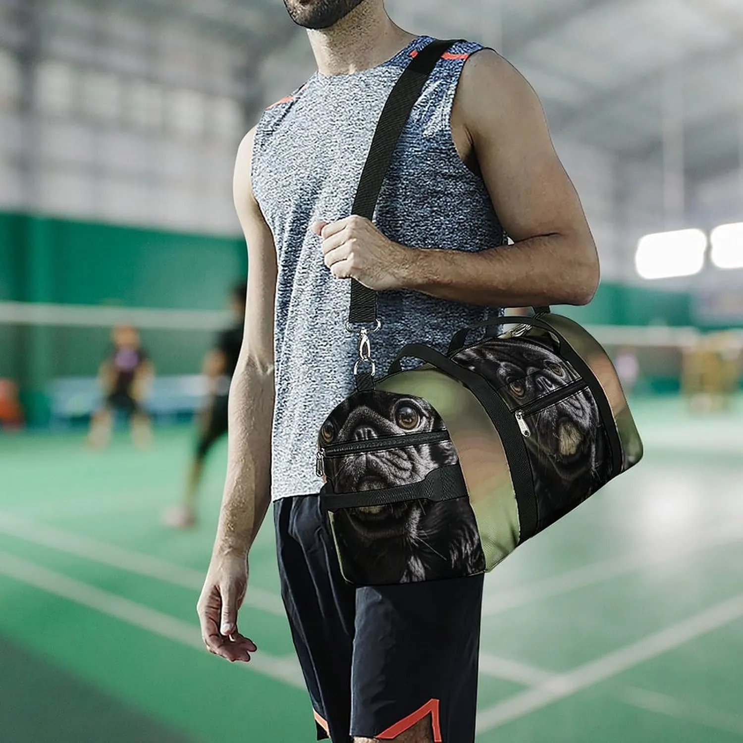 Gym Bags Small Cute Black Pug Dog Duffel Bag Overnight Bag with Shoe Compartment Carryon Bag for Men Women