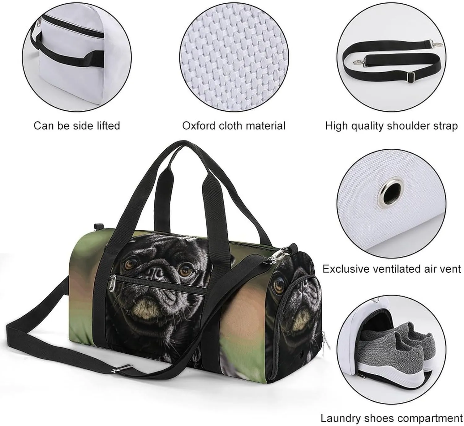 Gym Bags Small Cute Black Pug Dog Duffel Bag Overnight Bag with Shoe Compartment Carryon Bag for Men Women