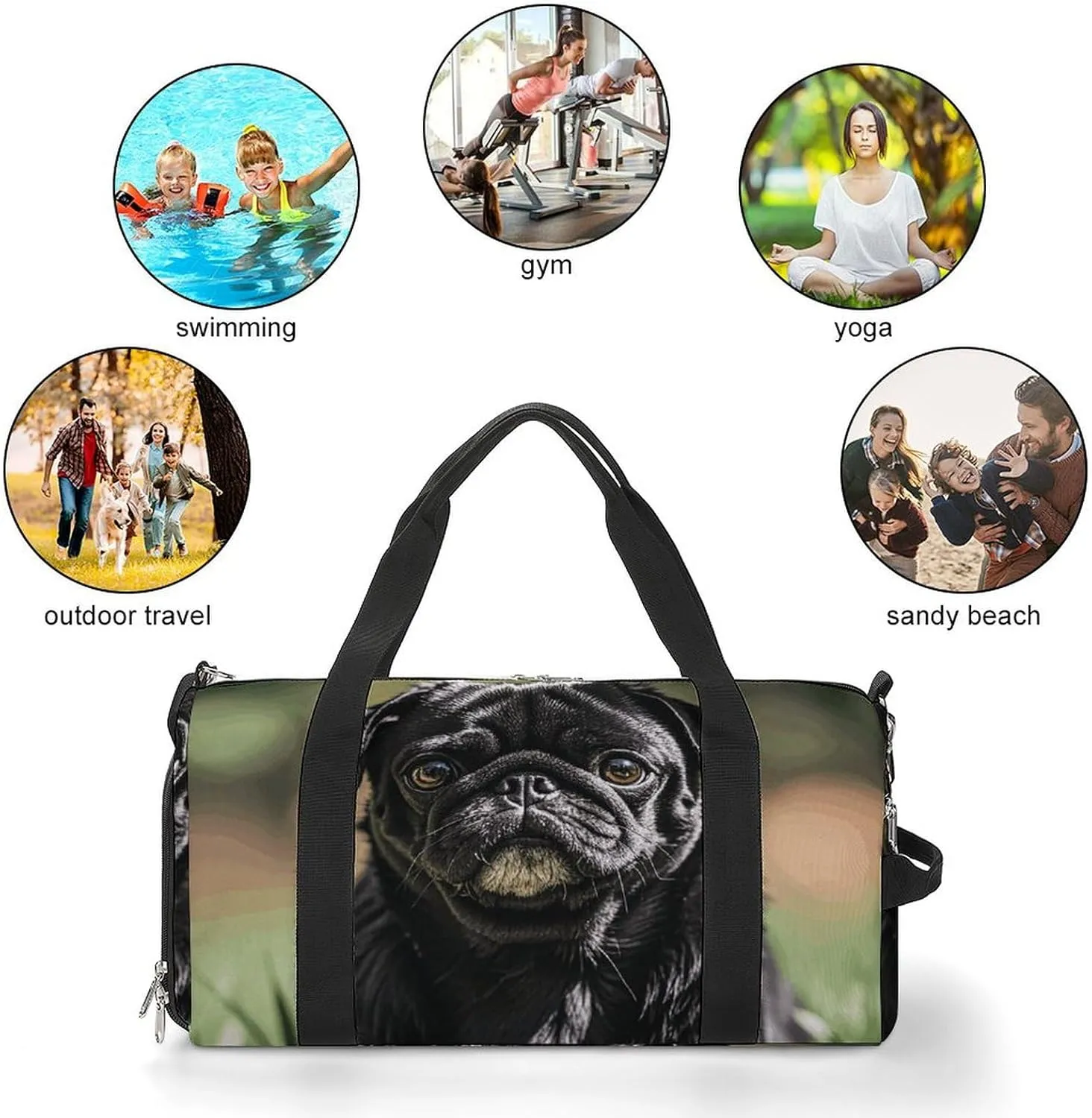 Gym Bags Small Cute Black Pug Dog Duffel Bag Overnight Bag with Shoe Compartment Carryon Bag for Men Women