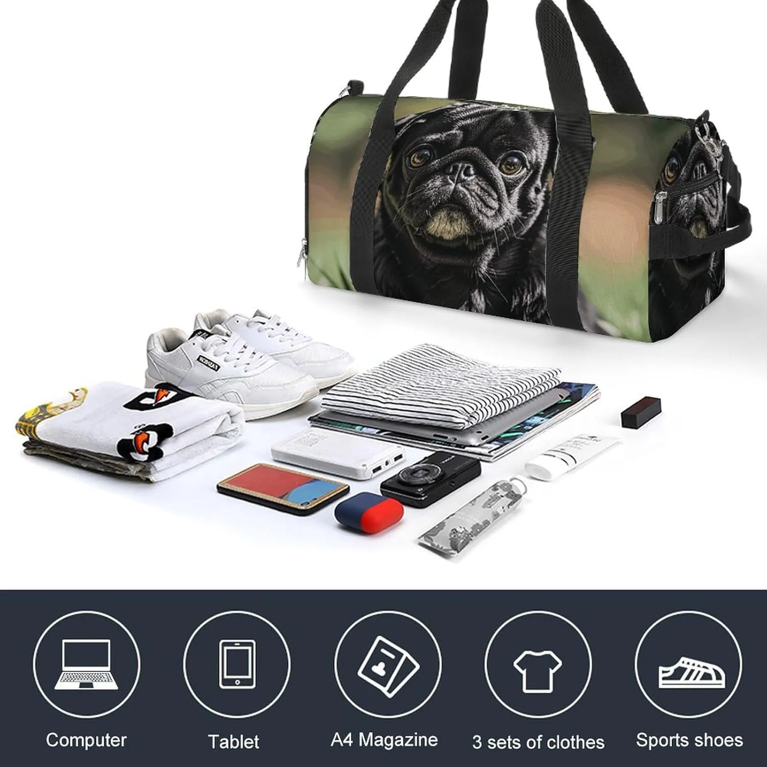 Gym Bags Small Cute Black Pug Dog Duffel Bag Overnight Bag with Shoe Compartment Carryon Bag for Men Women