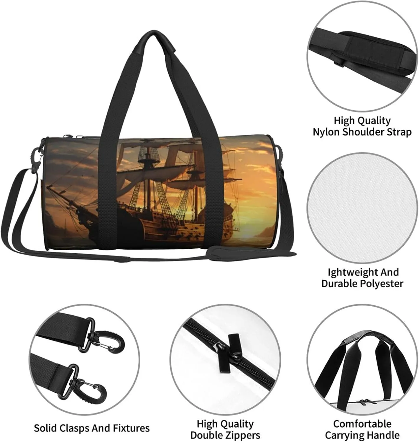 Gym Bags Small Fantasy pirate ship Duffel Bag Overnight Bag with Shoe Compartment Carryon Bag for Men Women