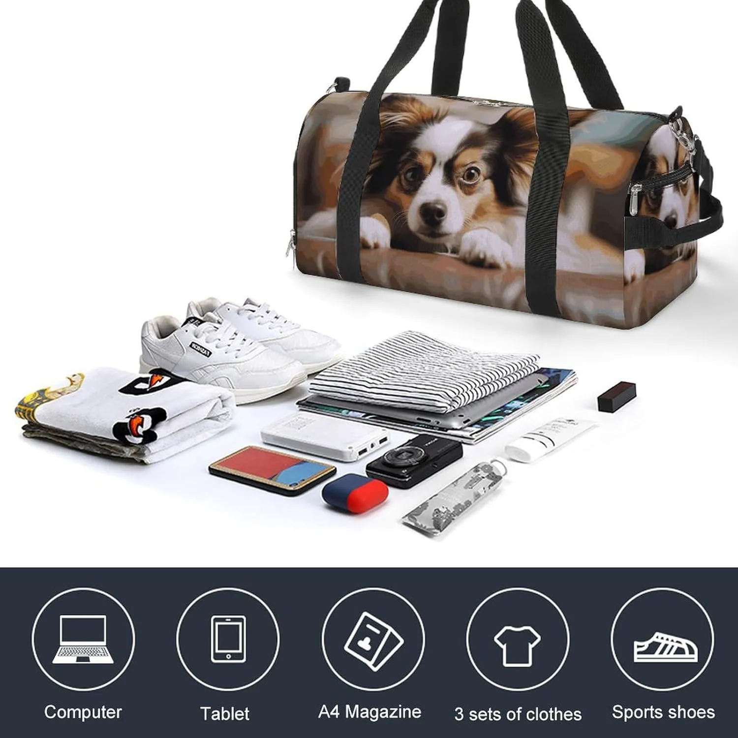 Gym Bags Small Papillon Lying on Tummy Duffel Bag Overnight Bag with Shoe Compartment Carryon Bag for Men Women