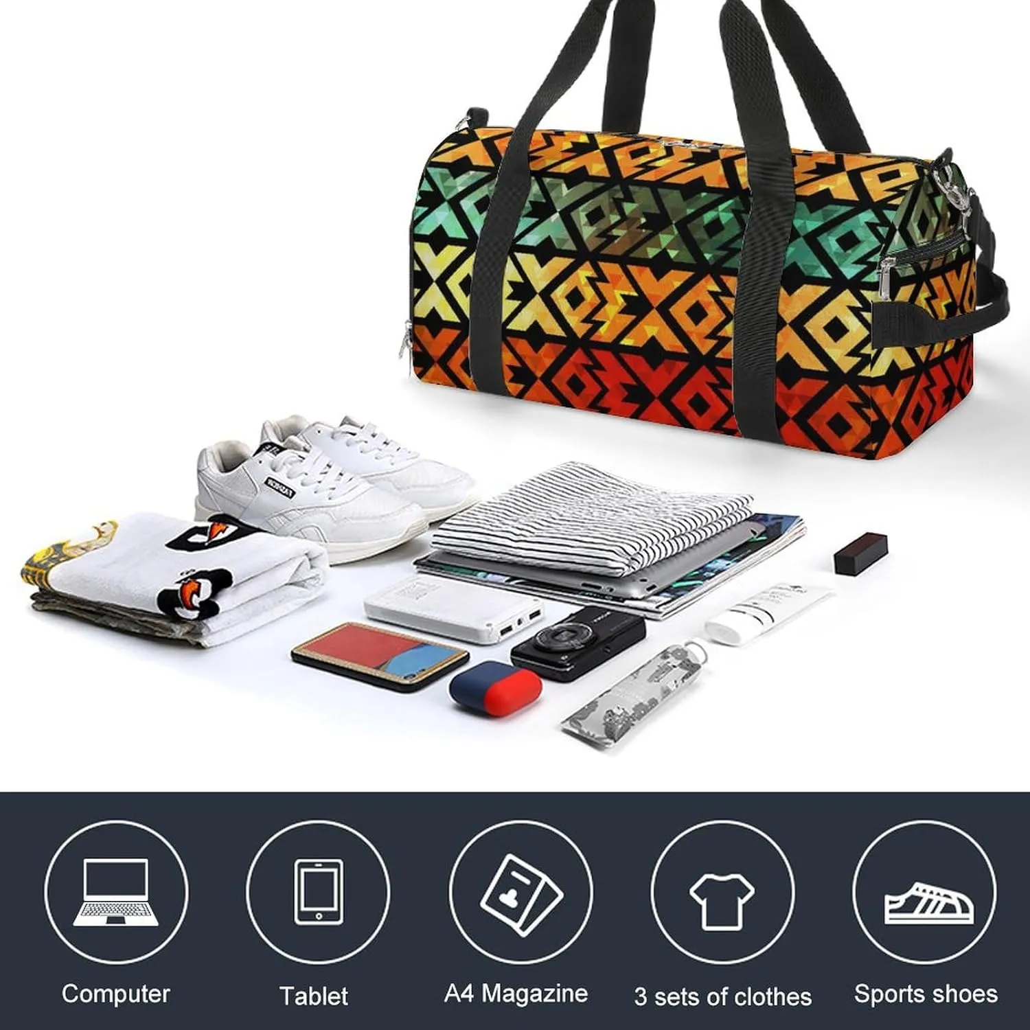 Gym Duffel Bag with Shoe Compartment Wet Pocket, Ancient Geometric Grunge Travel Bag for Men Women