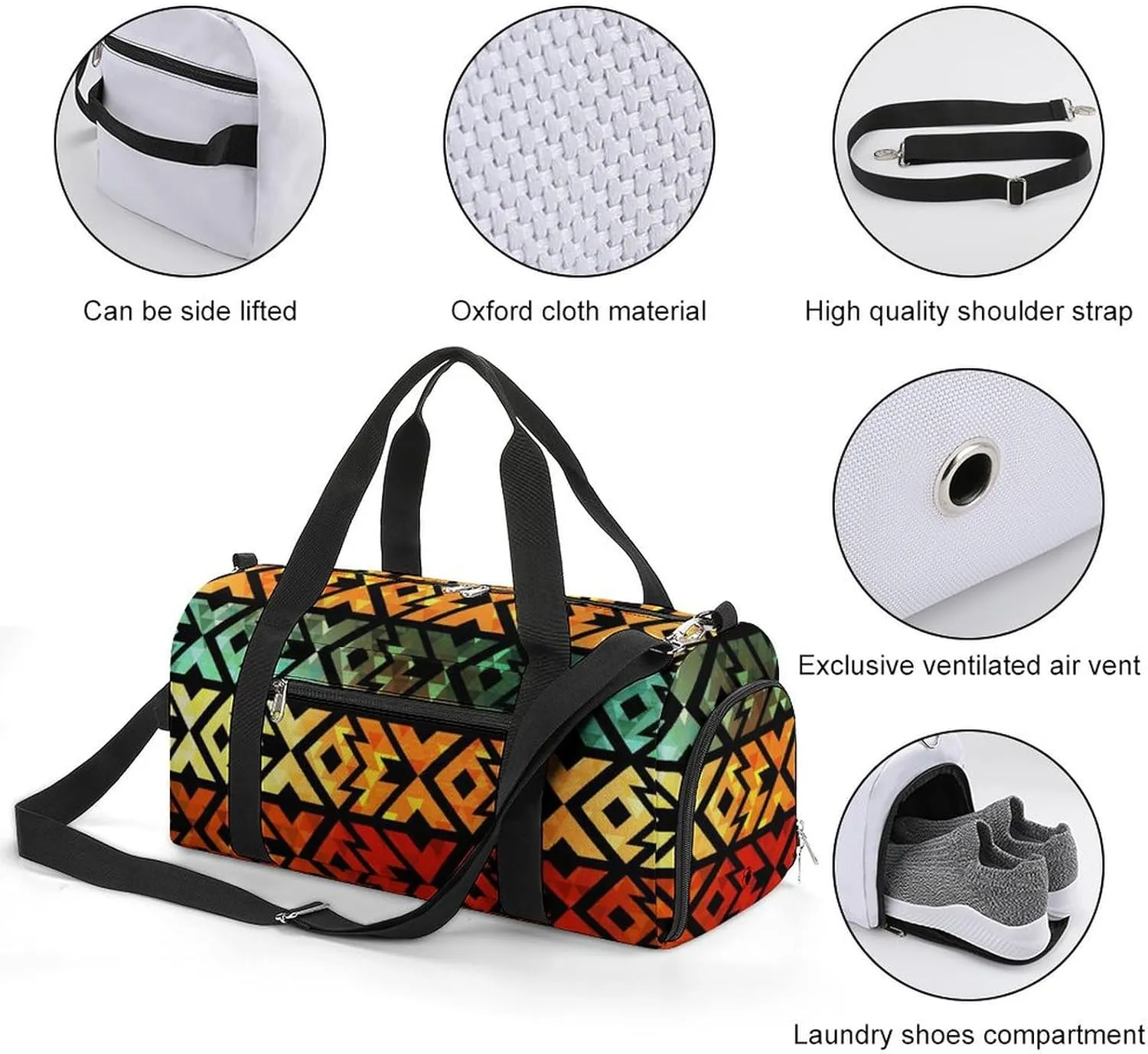 Gym Duffel Bag with Shoe Compartment Wet Pocket, Ancient Geometric Grunge Travel Bag for Men Women