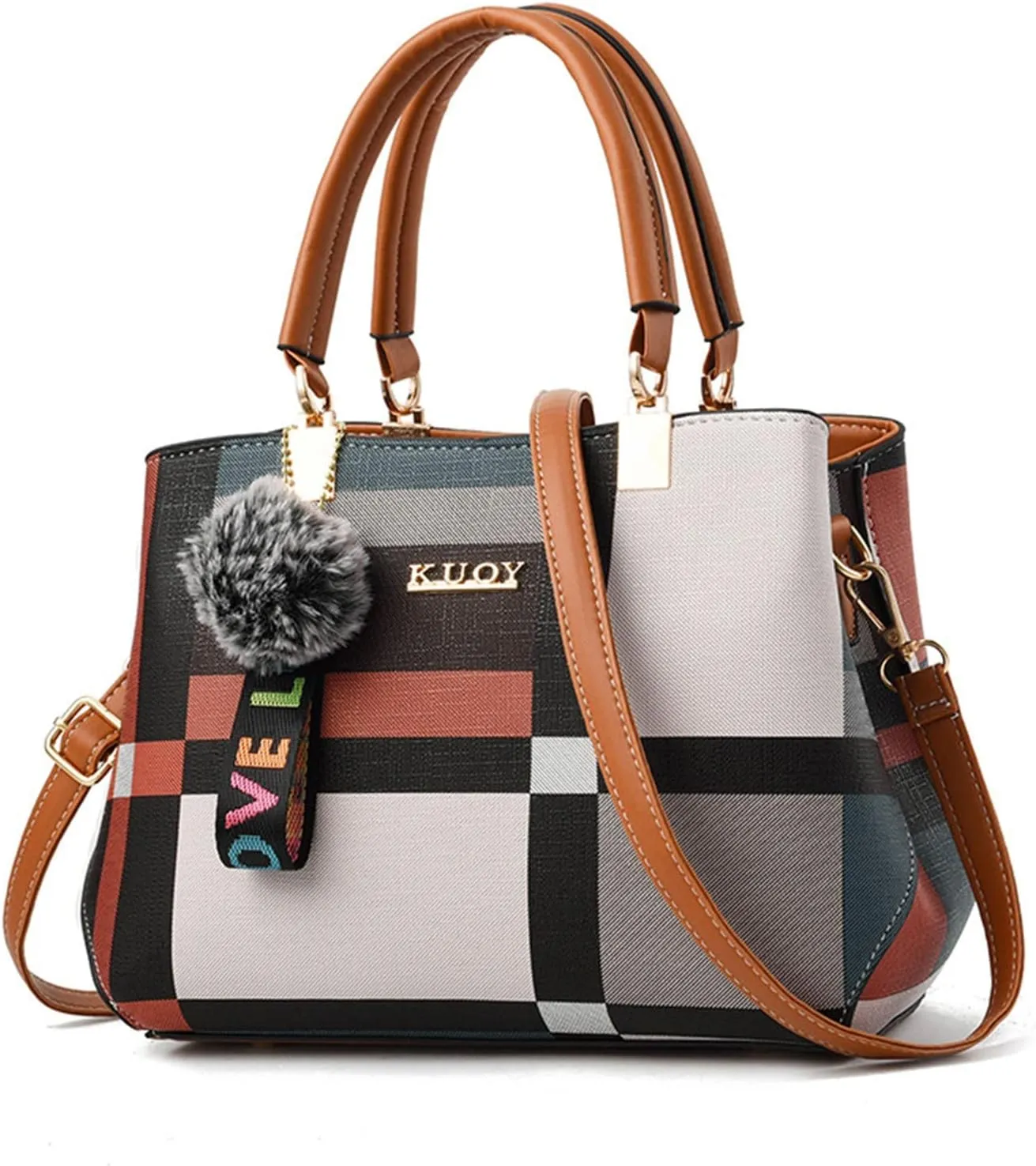 Handbags for Womens PU Leather Zipper Tote Bag Purse Roomy Color Block Fashion Top Handle Satchel Messenger Shoulder Bags
