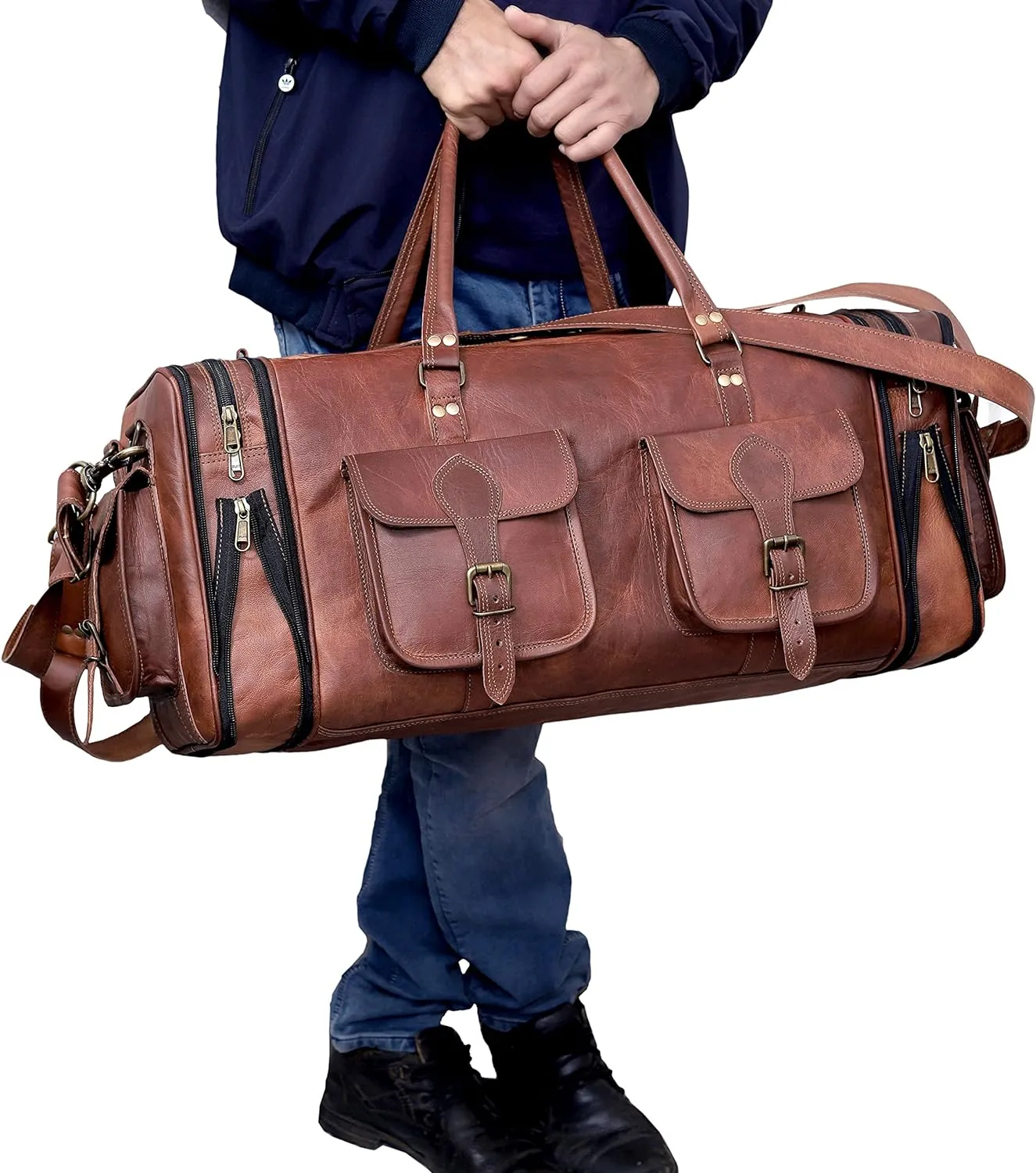Handmade Vintage Travel Luggage Duffel Gym Sports Bag Weekender Travel Overnight Carry One Duffel Bag For Men (24 inch medium)