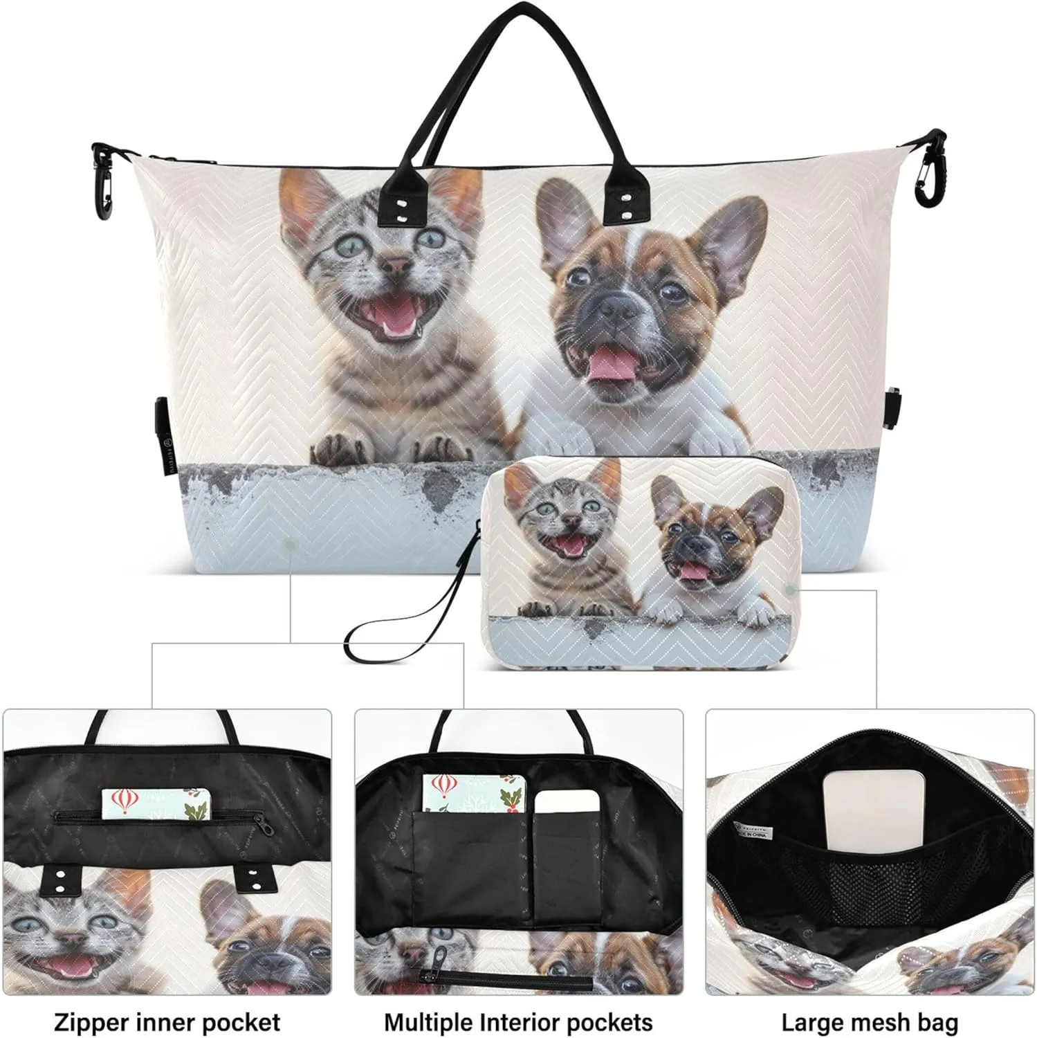 Happy Cat and Dog Sitting on the Side Travel Duffel Bag Cosmetic Bag Set of 2, Animal Floral Womens Tote Gym Bag Traveling Bags