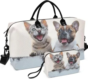 Happy Cat and Dog Sitting on the Side Travel Duffel Bag Cosmetic Bag Set of 2, Animal Floral Womens Tote Gym Bag Traveling Bags