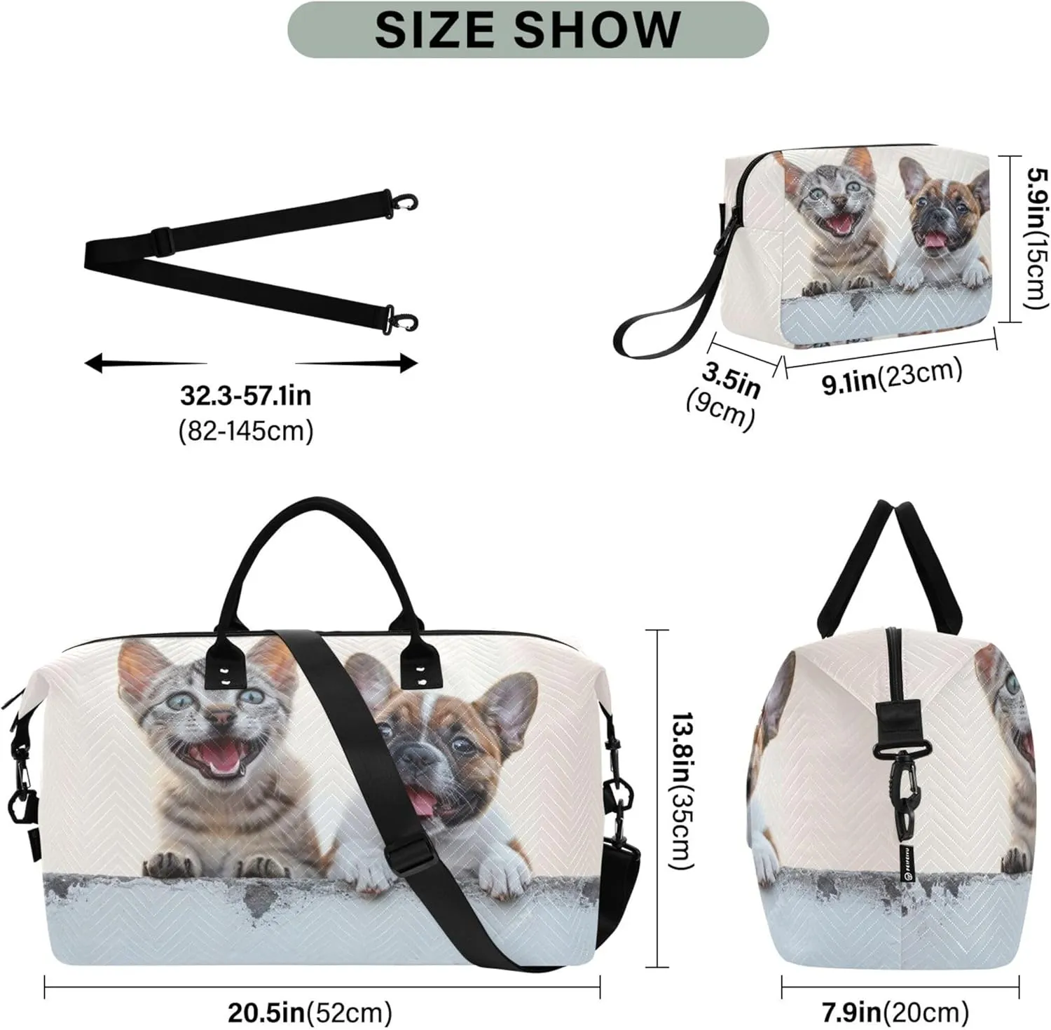 Happy Cat and Dog Sitting on the Side Travel Duffel Bag Cosmetic Bag Set of 2, Animal Floral Womens Tote Gym Bag Traveling Bags