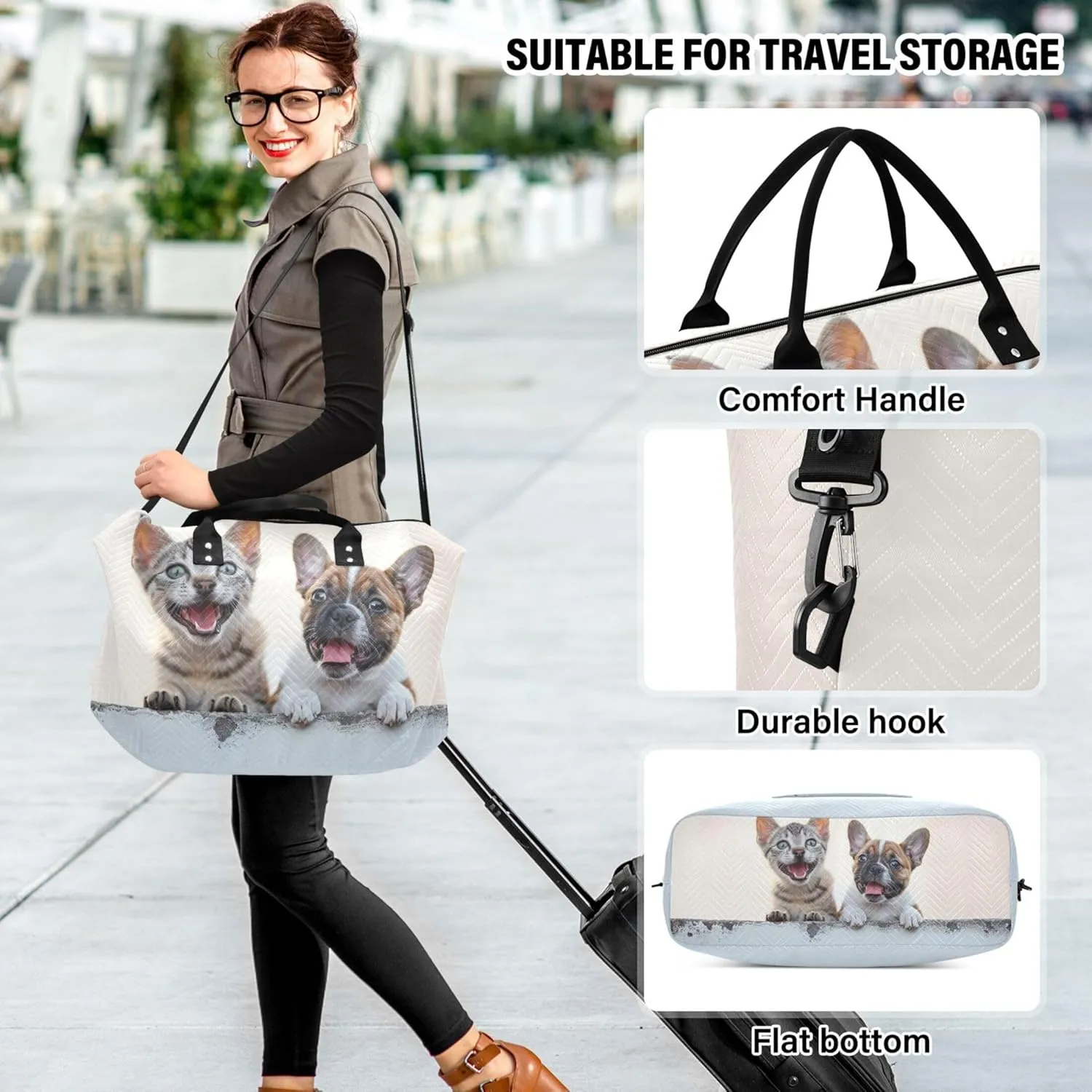 Happy Cat and Dog Sitting on the Side Travel Duffel Bag Cosmetic Bag Set of 2, Animal Floral Womens Tote Gym Bag Traveling Bags