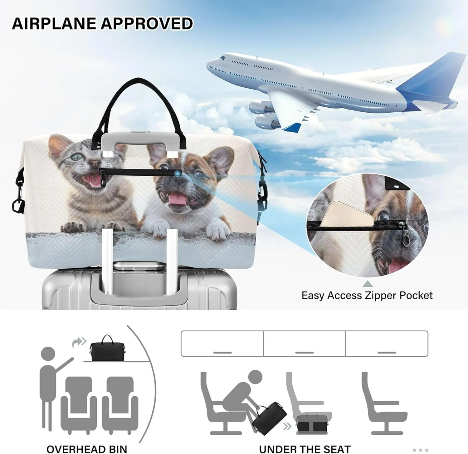 Happy Cat and Dog Sitting on the Side Travel Duffel Bag Cosmetic Bag Set of 2, Animal Floral Womens Tote Gym Bag Traveling Bags
