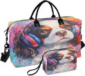 Headphone Dog Watercolor Sports Gym Bag for Women Men Travel Duffel Bag Weekend Overnight Carry on Bag with Toiletry Bag Workout Dance Bag for Plane Hospital Swimming Yoga Workout