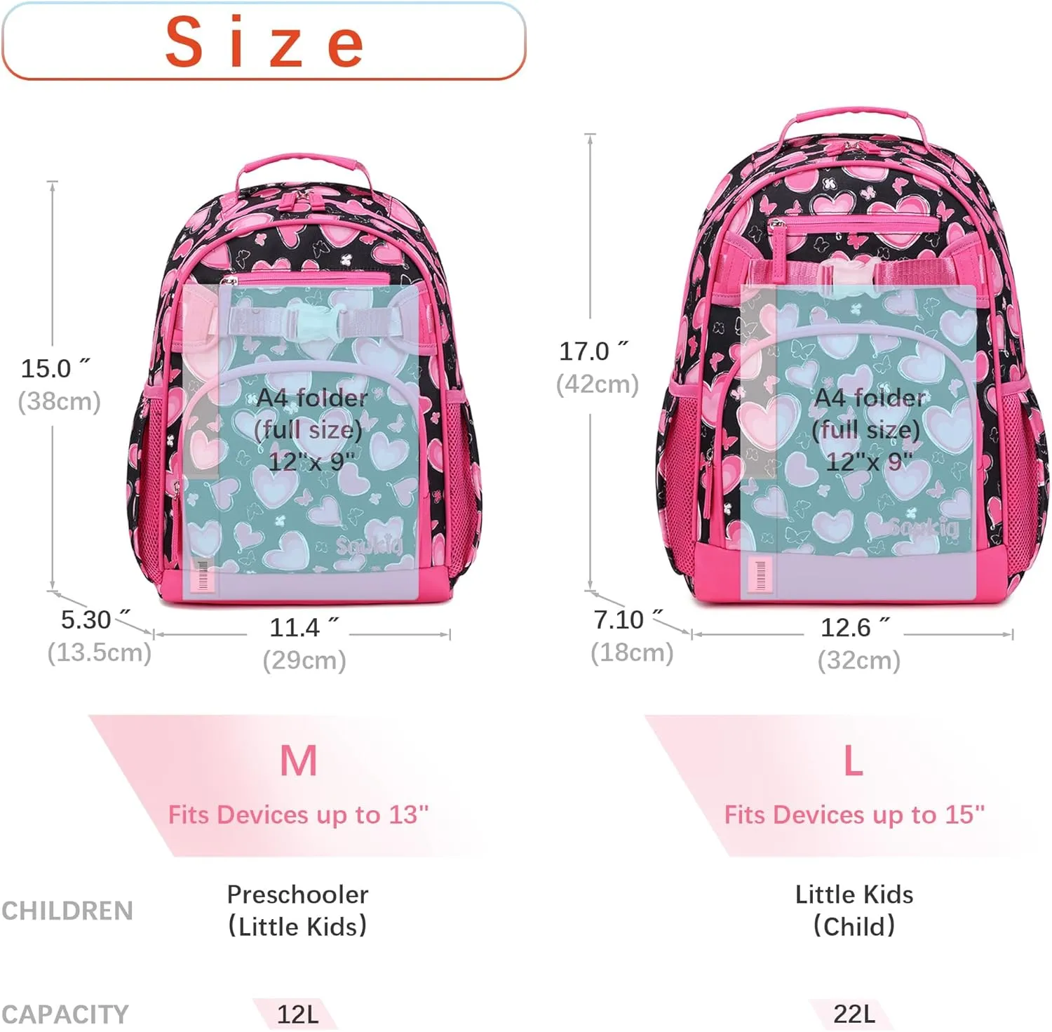 Heart Kids Backpack for Girls Lightweight Elementary School Bookbags for Girls 6-10 (Pink Heart)