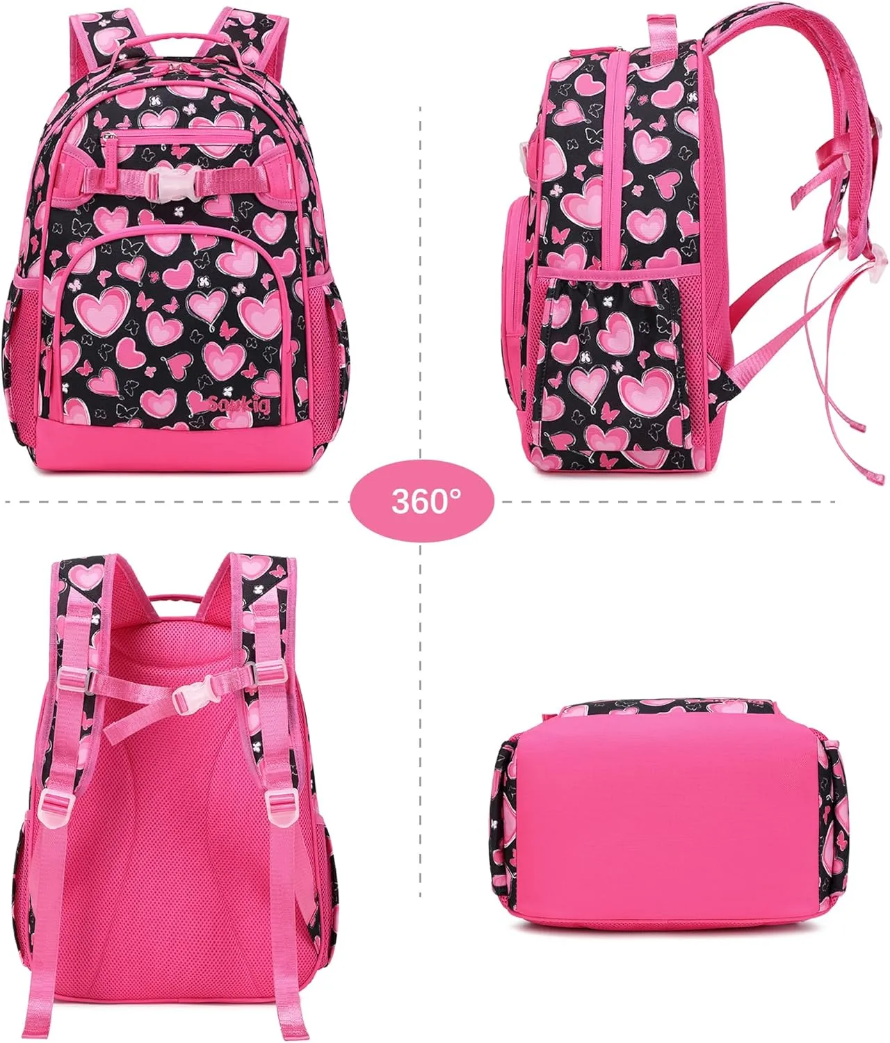 Heart Kids Backpack for Girls Lightweight Elementary School Bookbags for Girls 6-10 (Pink Heart)