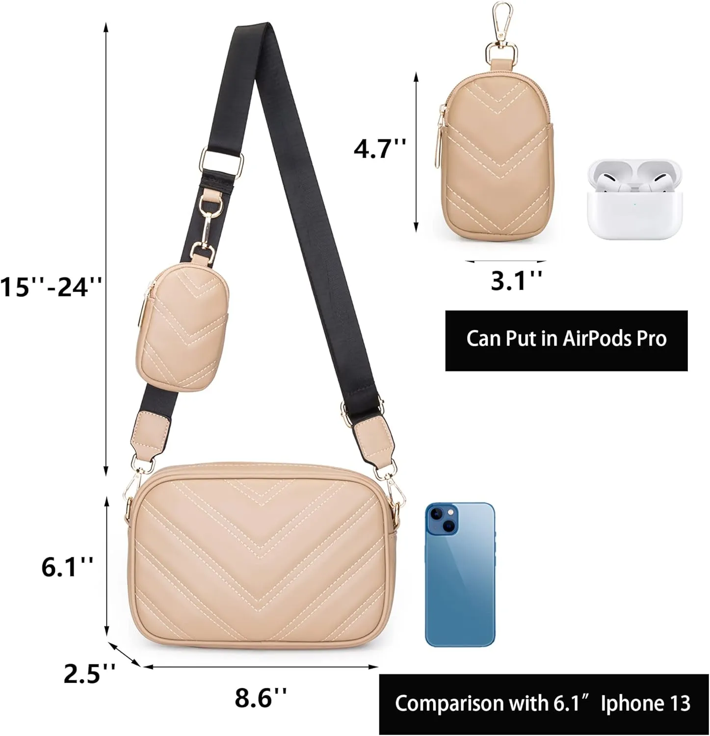 Herald Chevron Quilted Small Crossbody Bag with Coin Purse Pouch, Women Square Camera Side Shoulder 2 Size Handbags