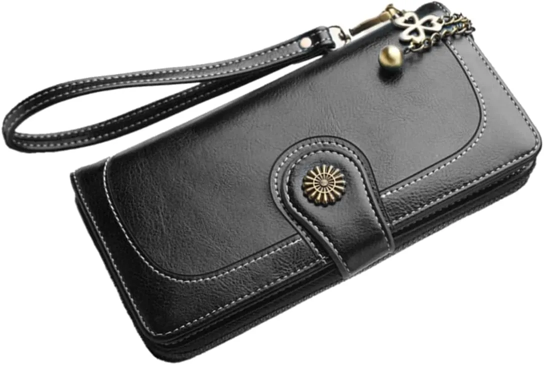 Homoyoyo Elegant Black Clutch Bag for Women Oily Wax Leather Purse Multi-function Wallet Long Straps