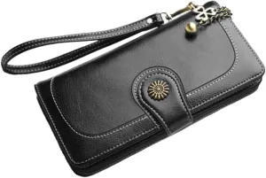 Homoyoyo Elegant Black Clutch Bag for Women Oily Wax Leather Purse Multi-function Wallet Long Straps