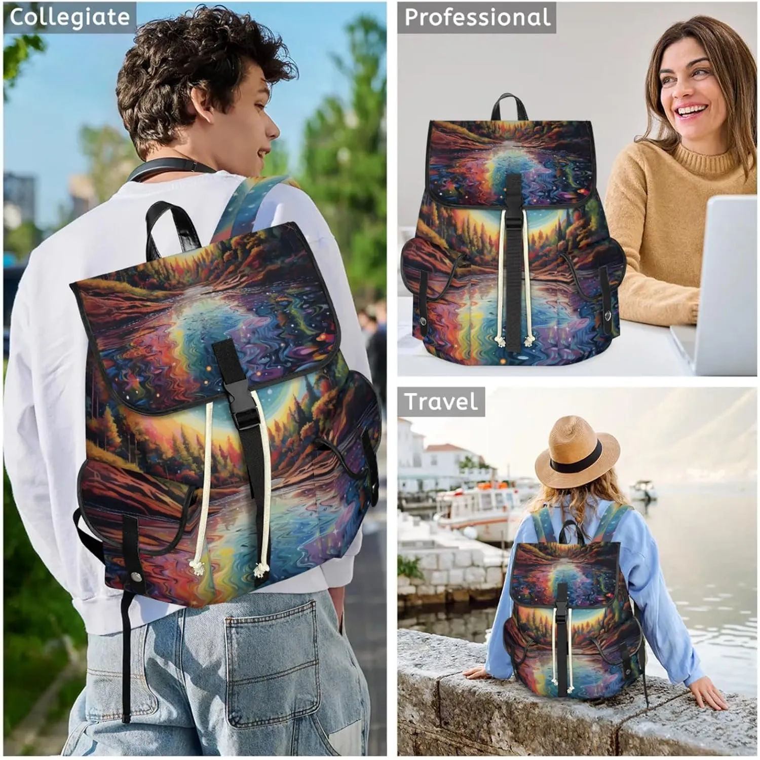 Honeybaby Vintage Waterproof Laptop Backpack for Men/Women Travel Essentials Backpack Expandable Carry On Bag with Anti-Theft Compartment Fits 15" Notebook Abstract Forest Night Sky