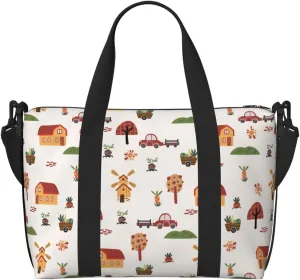 Houses and Windmill Travel Bag for Women Men Weekender Bags Carry on Overnight Bag Tote Bag Yoga Gym Bag for Gym, Work, Weekend, Travel, Personal Items