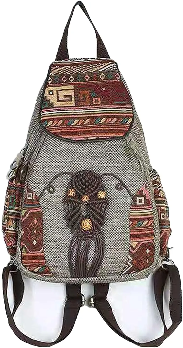 HUANGGUOSHU Backpacks For Women Sling Casual Canvas Backpack Convertible For Girl Boho Hand-Woven Exquisite Knitting Backpack With Lots Of Pockets Gift For Young Adult Women