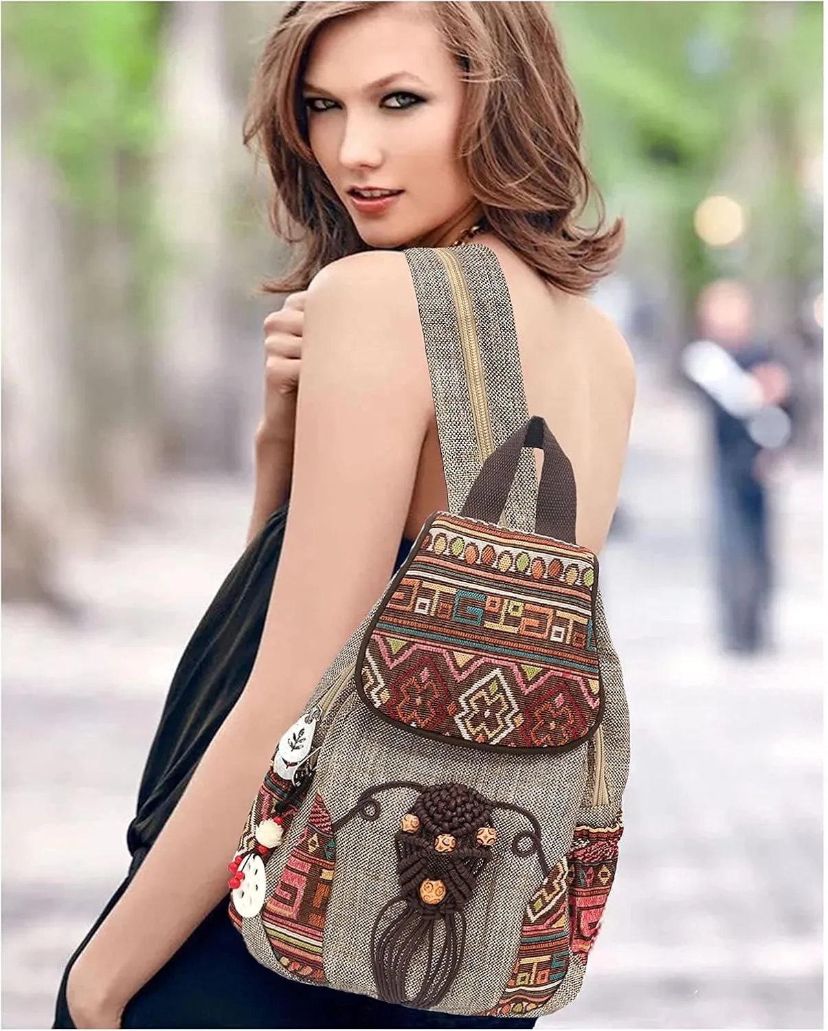 HUANGGUOSHU Backpacks For Women Sling Casual Canvas Backpack Convertible For Girl Boho Hand-Woven Exquisite Knitting Backpack With Lots Of Pockets Gift For Young Adult Women