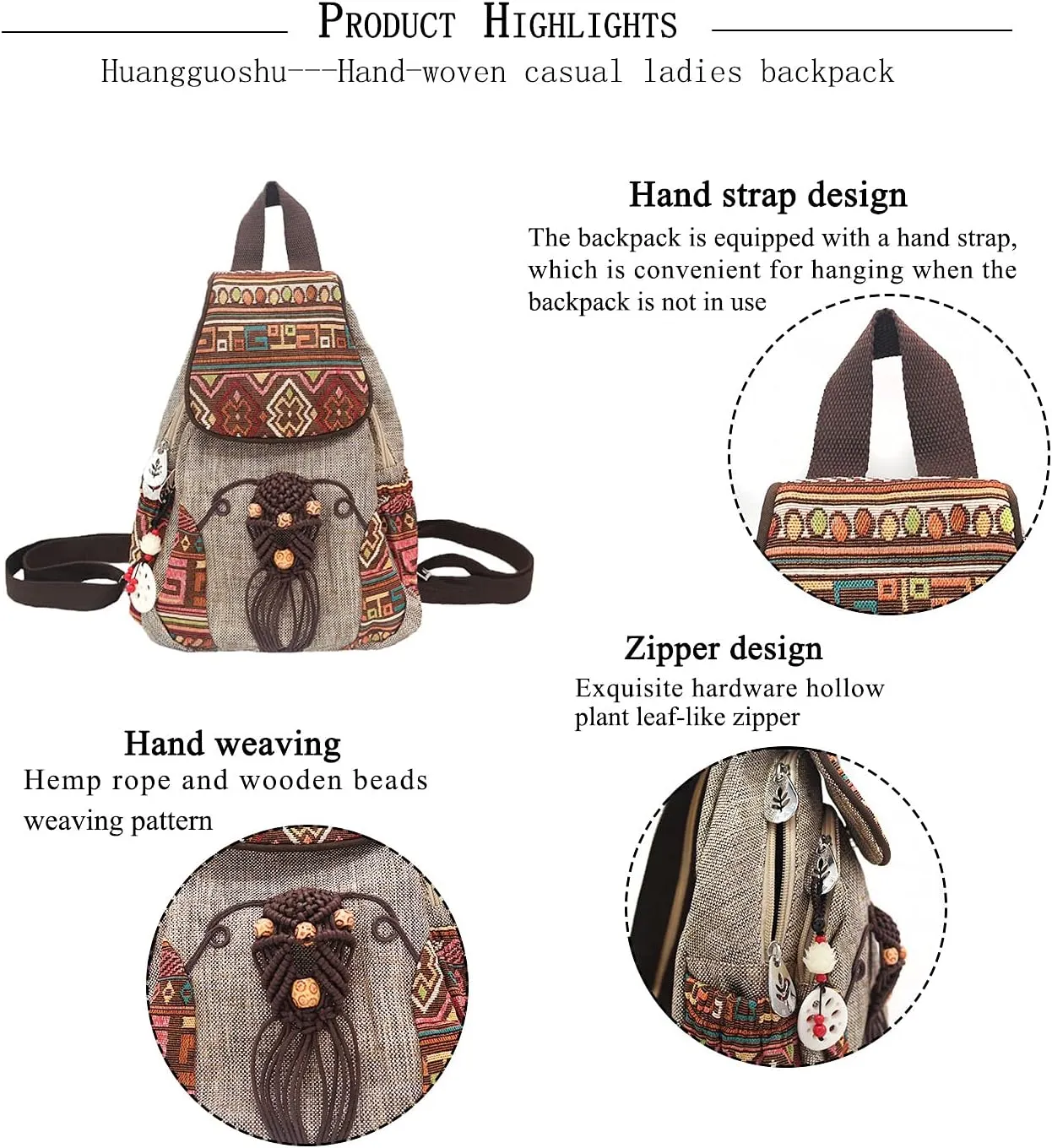 HUANGGUOSHU Backpacks For Women Sling Casual Canvas Backpack Convertible For Girl Boho Hand-Woven Exquisite Knitting Backpack With Lots Of Pockets Gift For Young Adult Women