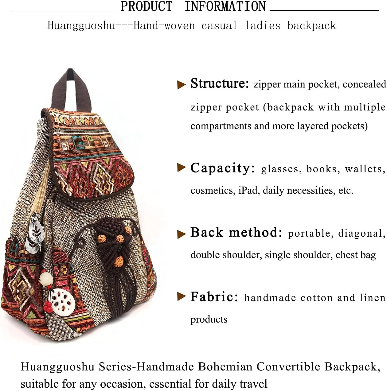HUANGGUOSHU Backpacks For Women Sling Casual Canvas Backpack Convertible For Girl Boho Hand-Woven Exquisite Knitting Backpack With Lots Of Pockets Gift For Young Adult Women