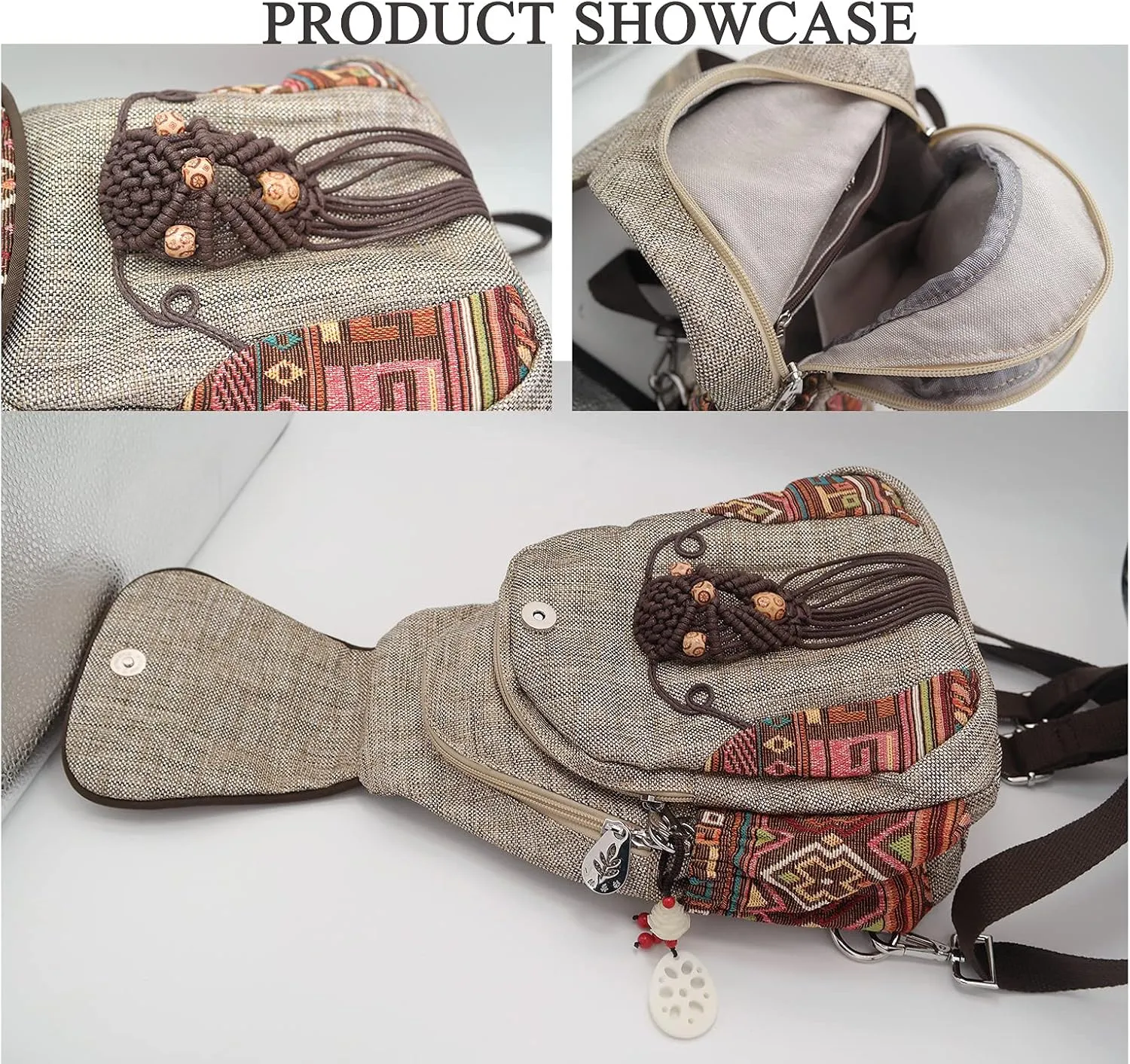 HUANGGUOSHU Backpacks For Women Sling Casual Canvas Backpack Convertible For Girl Boho Hand-Woven Exquisite Knitting Backpack With Lots Of Pockets Gift For Young Adult Women