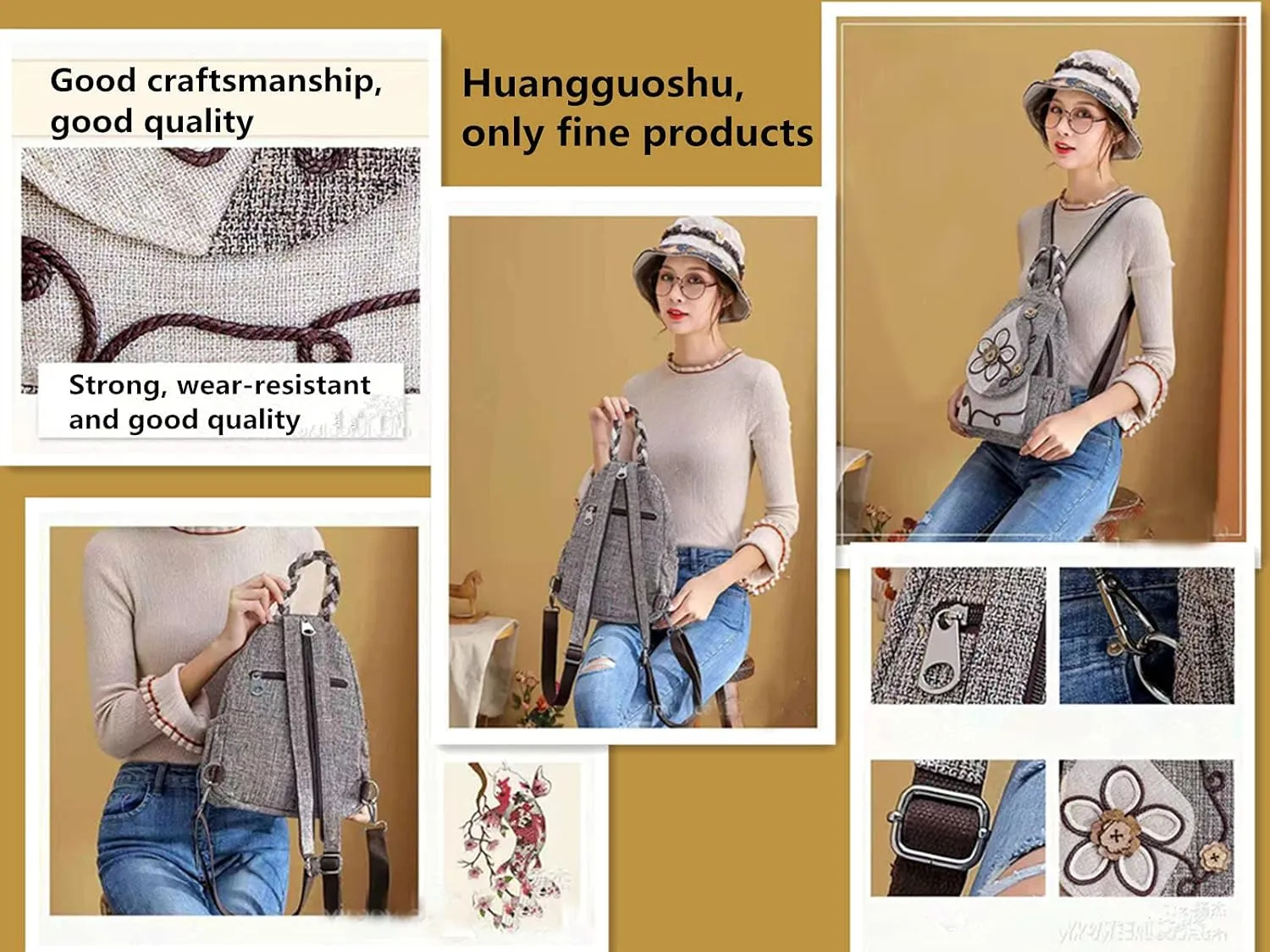 HUANGGUOSHU Ladies Casual Backpack Bohemian Style Hand-woven Morning Glory Disc Buckle Multi-pocket Ladies School Bag and Shoulder Bag Messenger Bag Purse Handbag B097SHHCSW